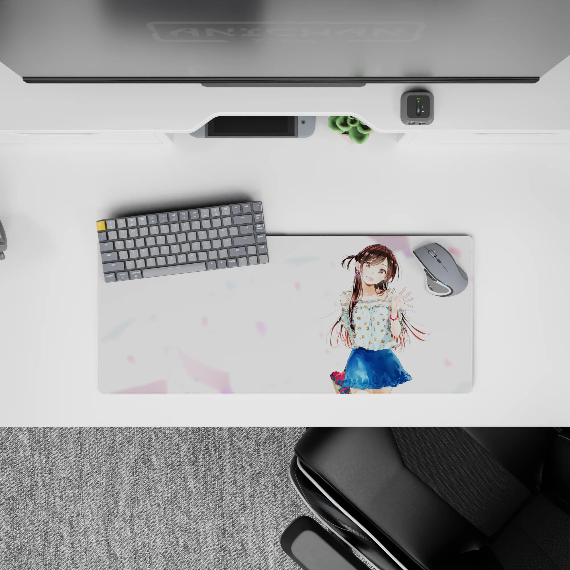 28x12 inches anime mouse pad in airy summer tones, white backdrop with soft pastel confetti and bright smile.