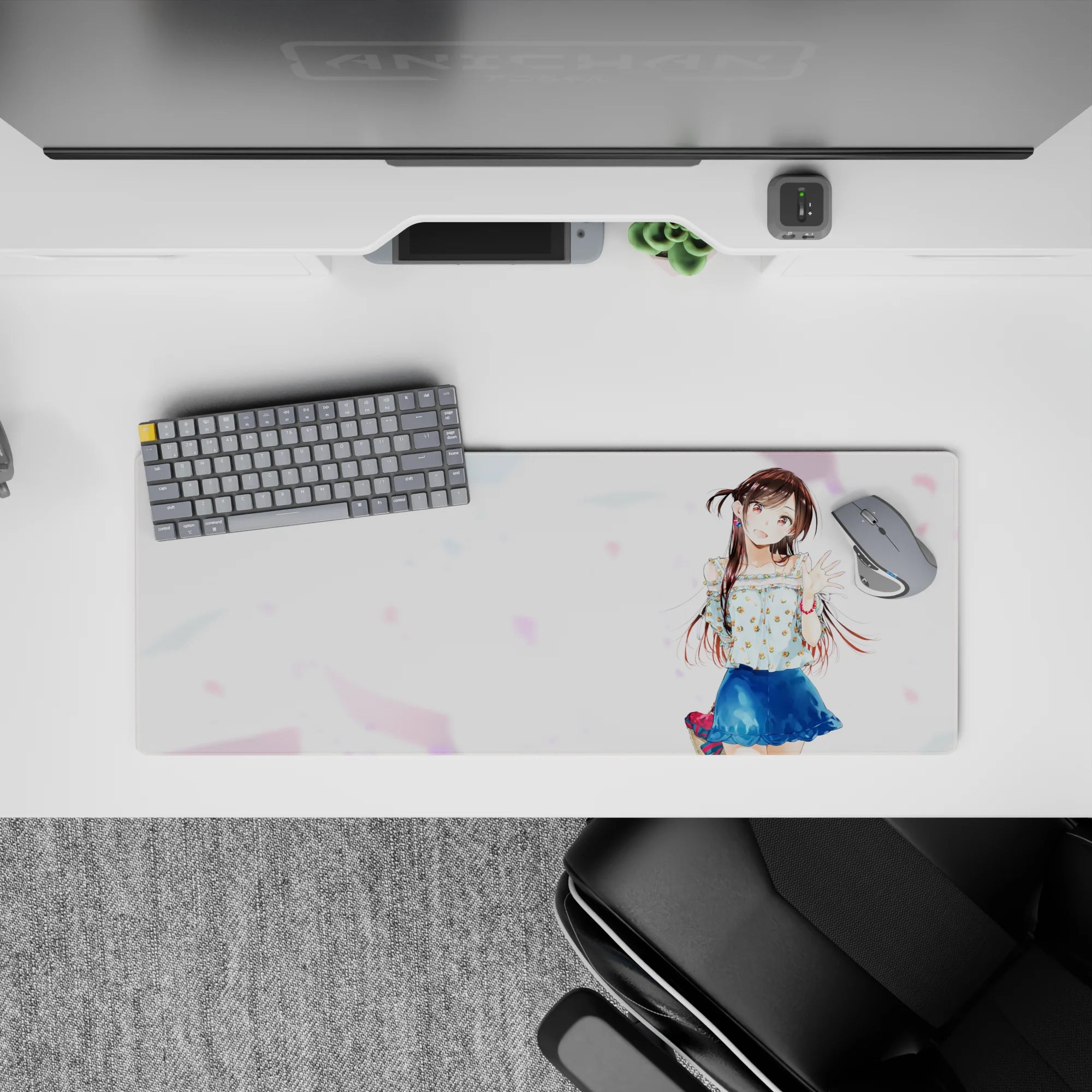 32x12 inches kawaii desk mat in soft white with pastel confetti, chestnut hair, bright summer feel.