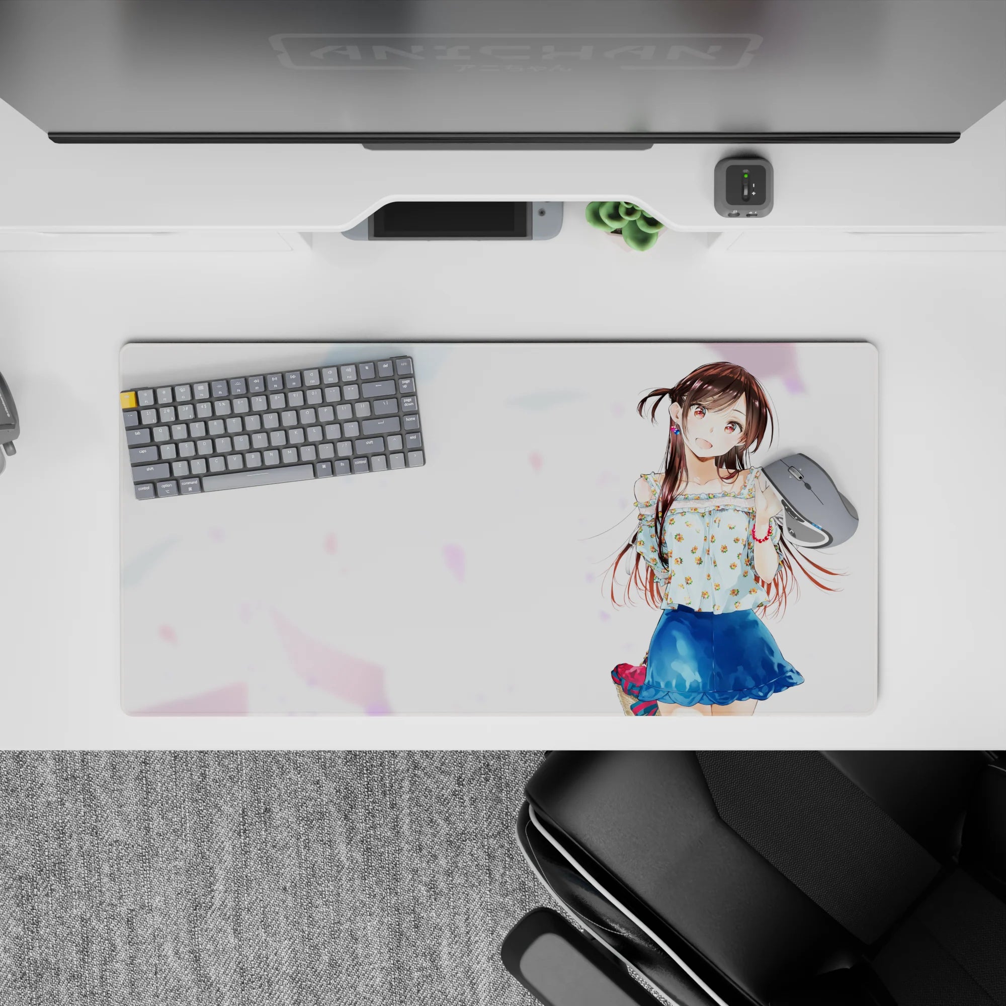 32x16 inches kawaii desk mat in airy white with pastel confetti, warm chestnut hair, bright summer feel.