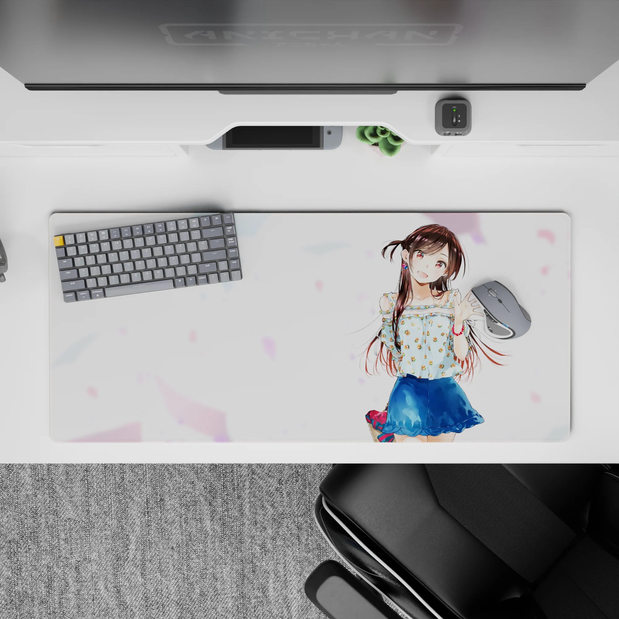 36x16 inches cute summer mouse pad in soft white with pastel confetti, glossy eyes, bright cheerful vibe.