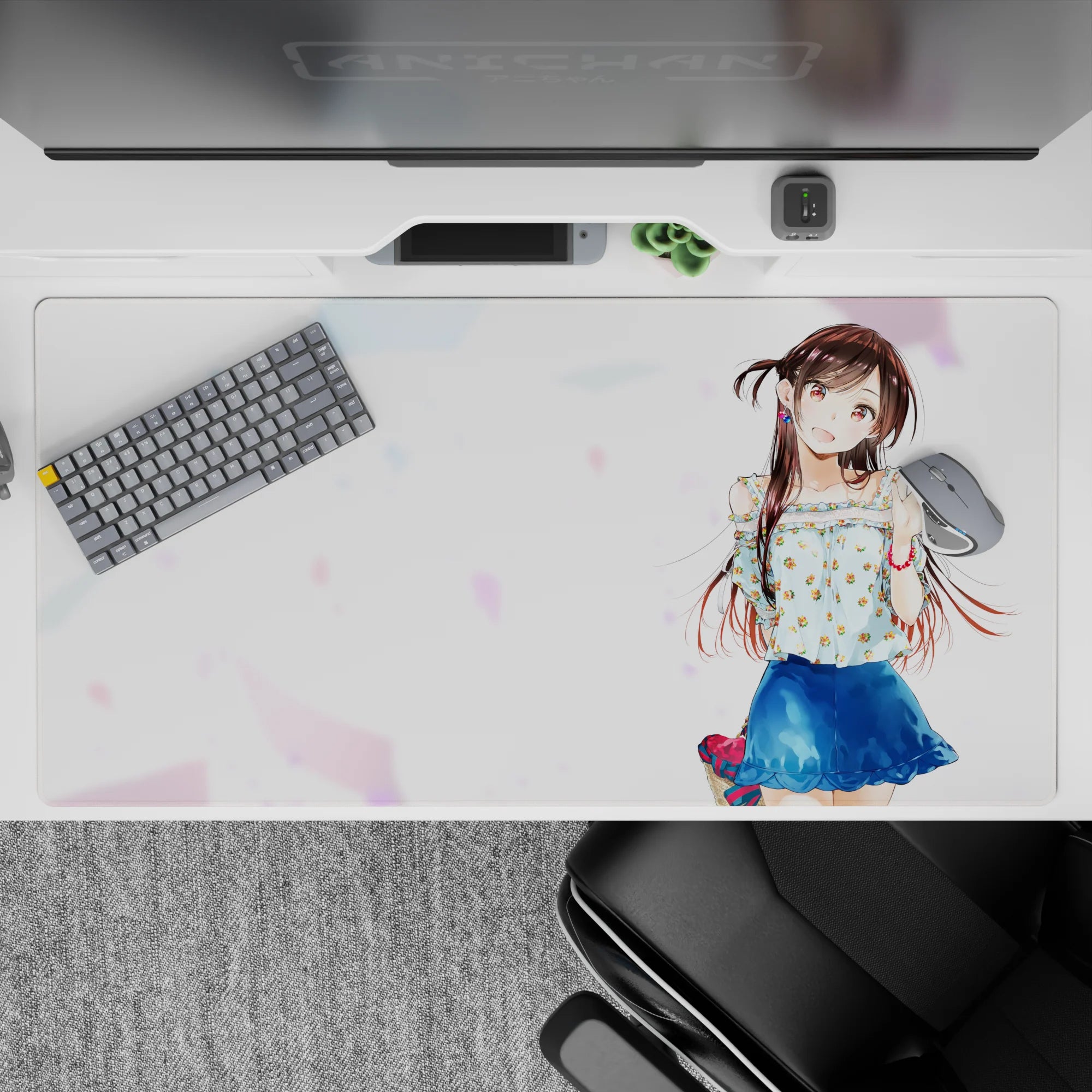 40x20 inches kawaii summer desk pad in soft white with pastel confetti and bright chestnut twin-tails.