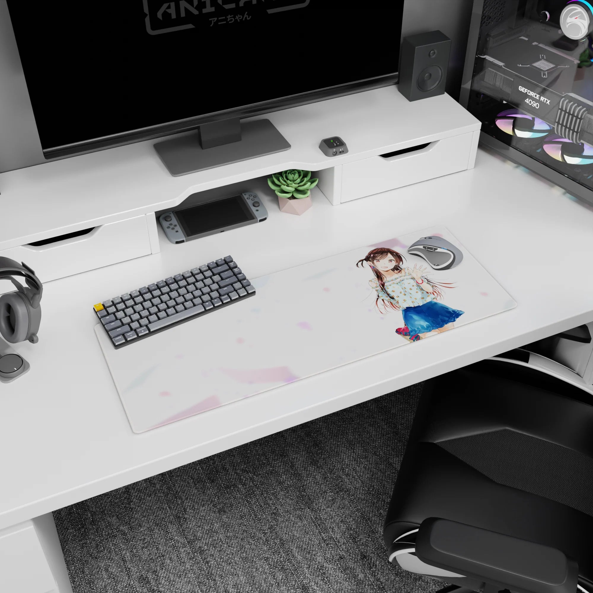 32x12 inches extended mouse pad showing glossy-eyed anime girl waving, chestnut twin-tails on airy backdrop.