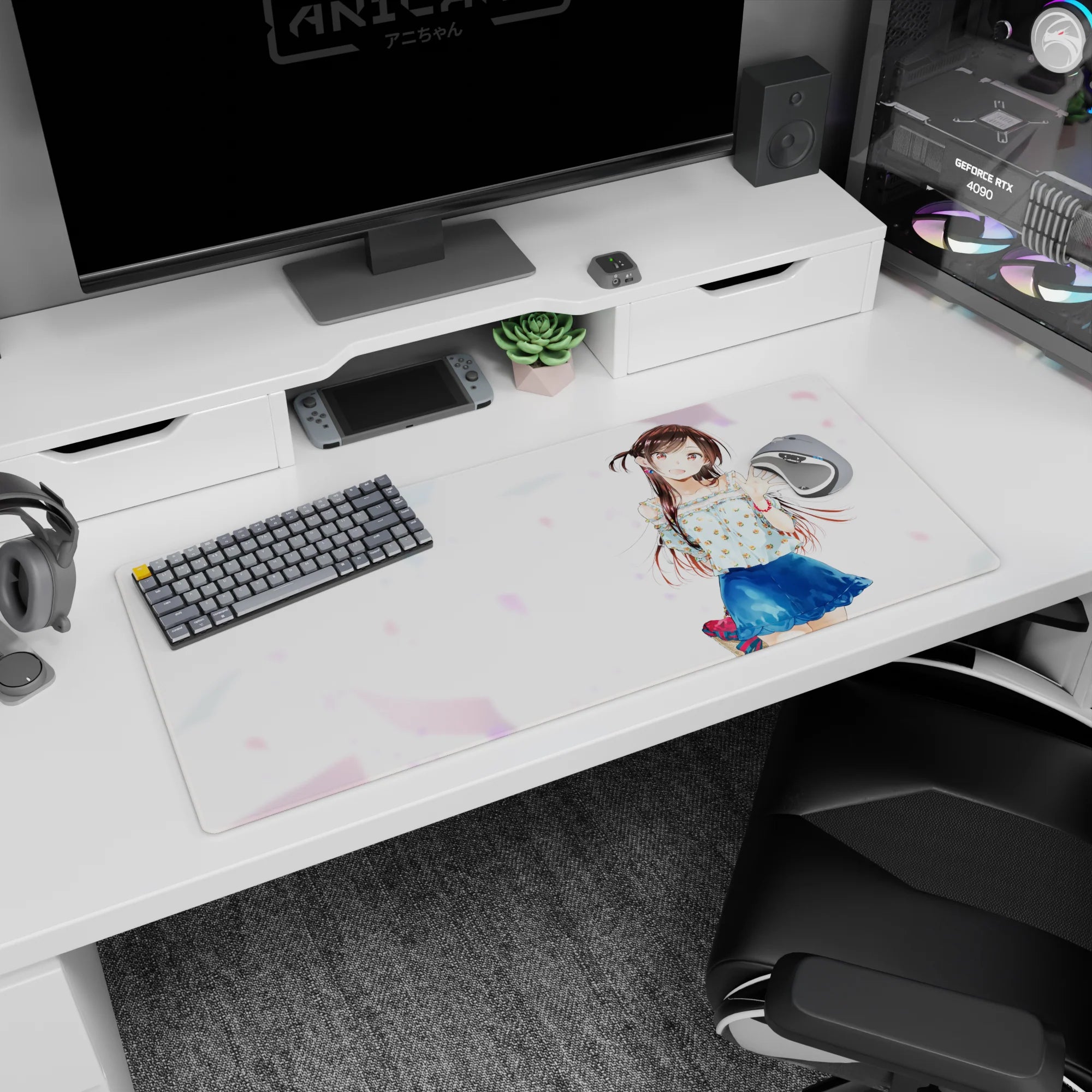 36x16 inches desk pad showing a chestnut twin-tail anime girl waving, big shiny eyes, airy backdrop.