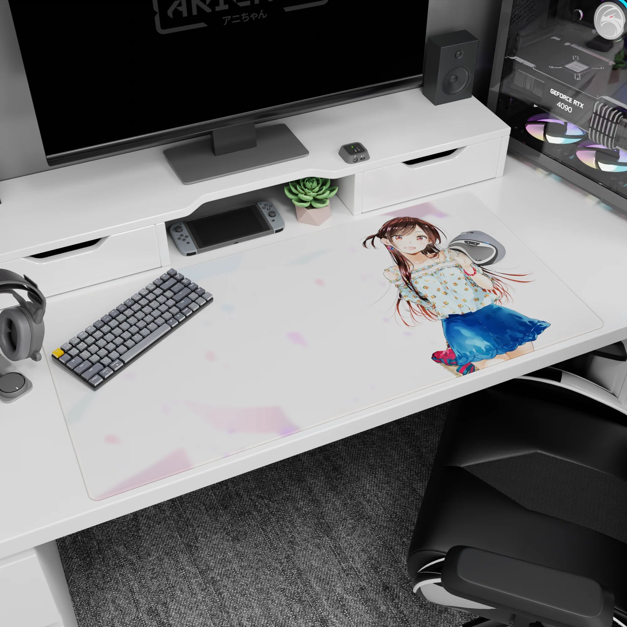 40x20 inches anime desk pad featuring a glossy-eyed girl waving, chestnut pigtails, floral top.