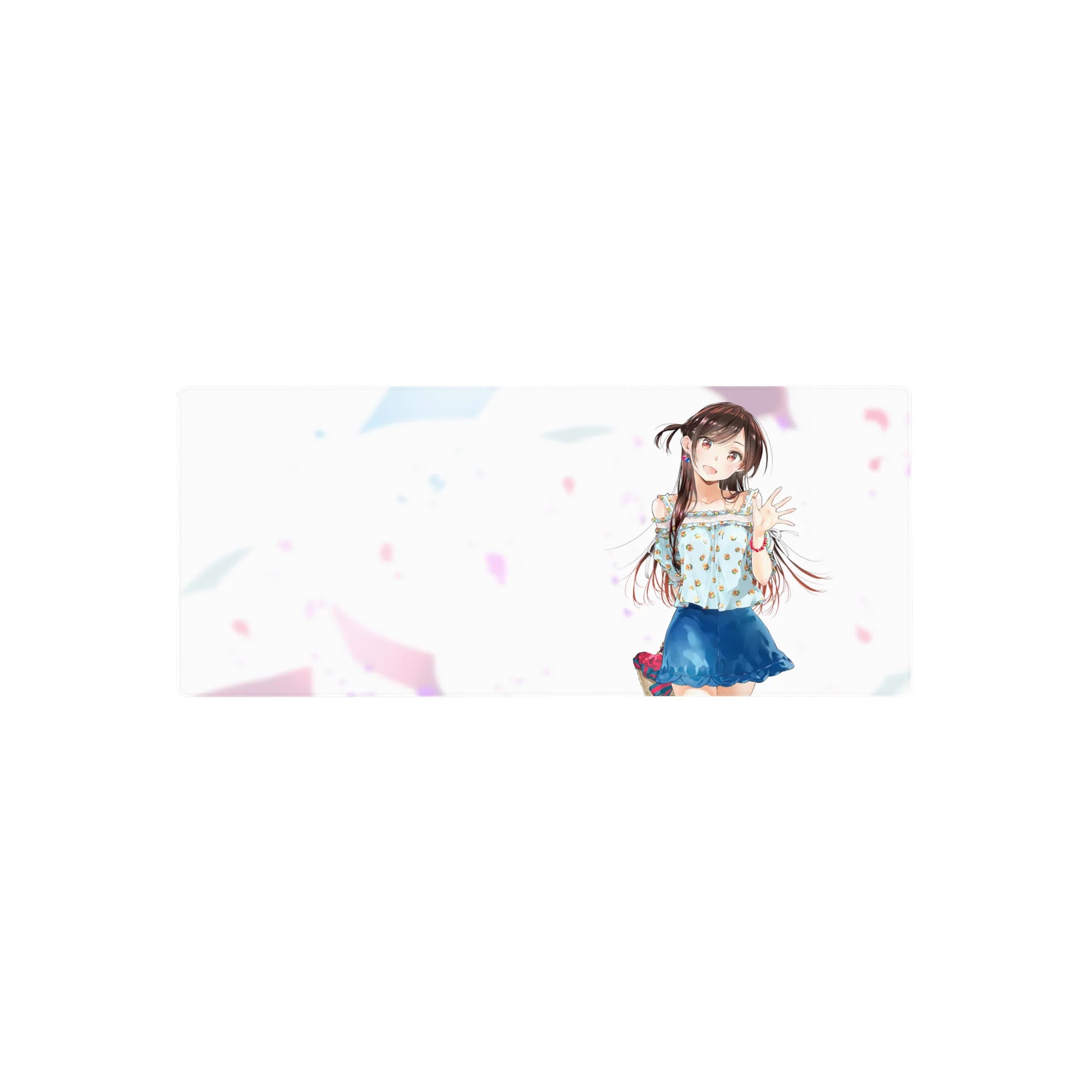 28x12 inches anime girl mouse pad with smiling twin-tail girl, floral top, blue skirt, pastel confetti.