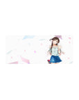 28x12 inches anime girl mouse pad with smiling twin-tail girl, floral top, blue skirt, pastel confetti.