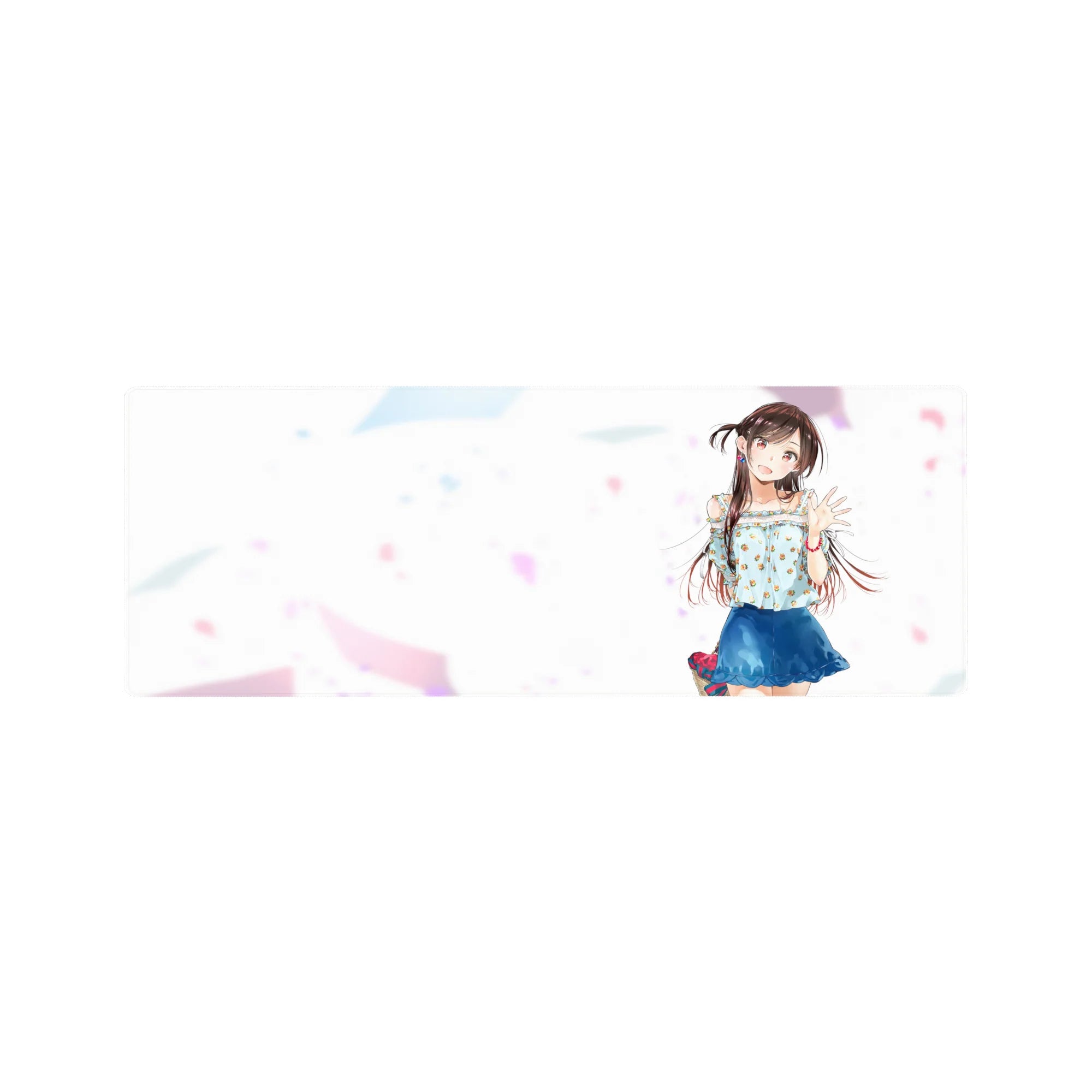32x12 inches anime girl mouse pad with smiling twin-tail girl, floral top, blue skirt, pastel confetti.