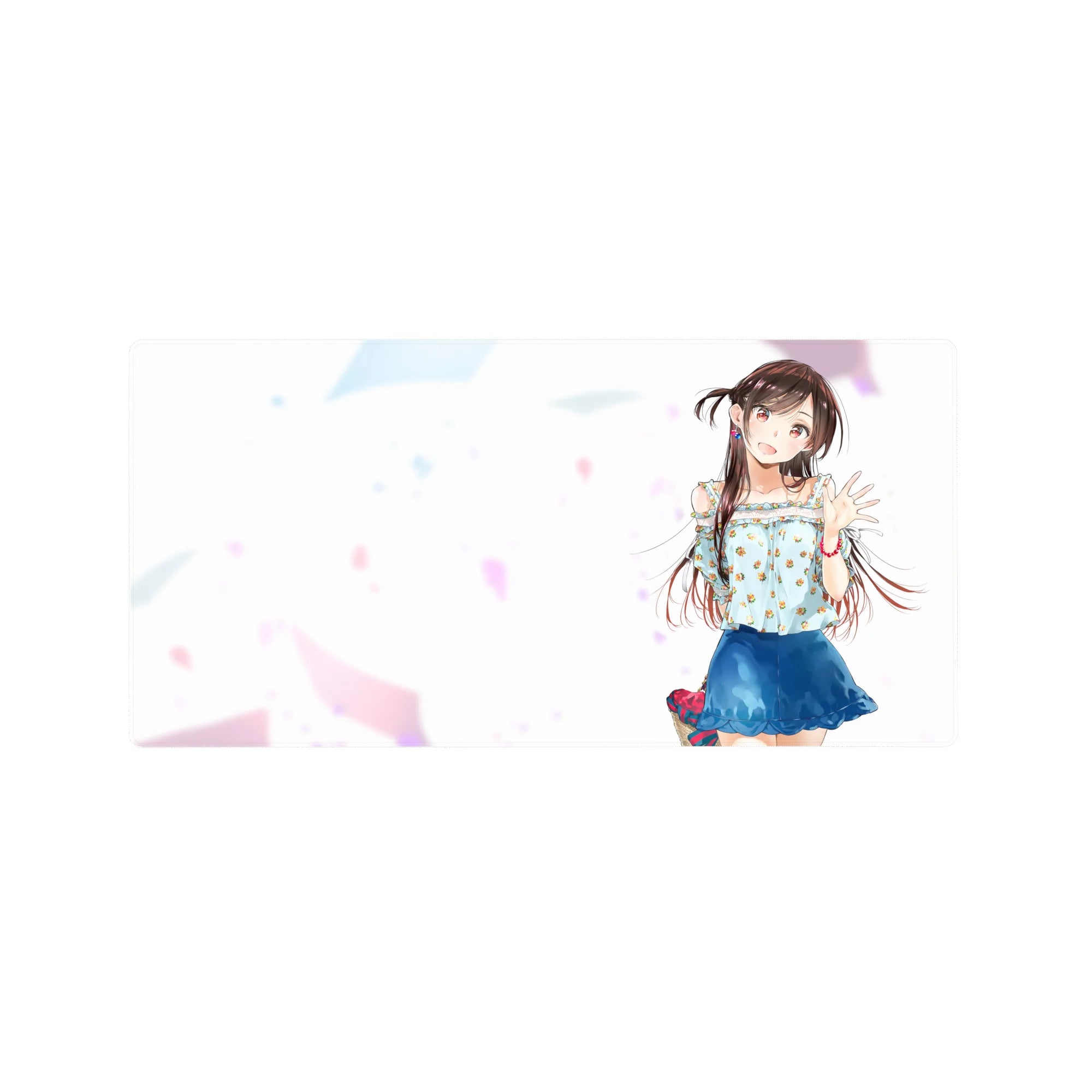 32x16 inches anime girl mouse pad with smiling twin-tail girl, floral top, blue skirt, pastel confetti.
