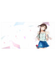 32x16 inches anime girl mouse pad with smiling twin-tail girl, floral top, blue skirt, pastel confetti.
