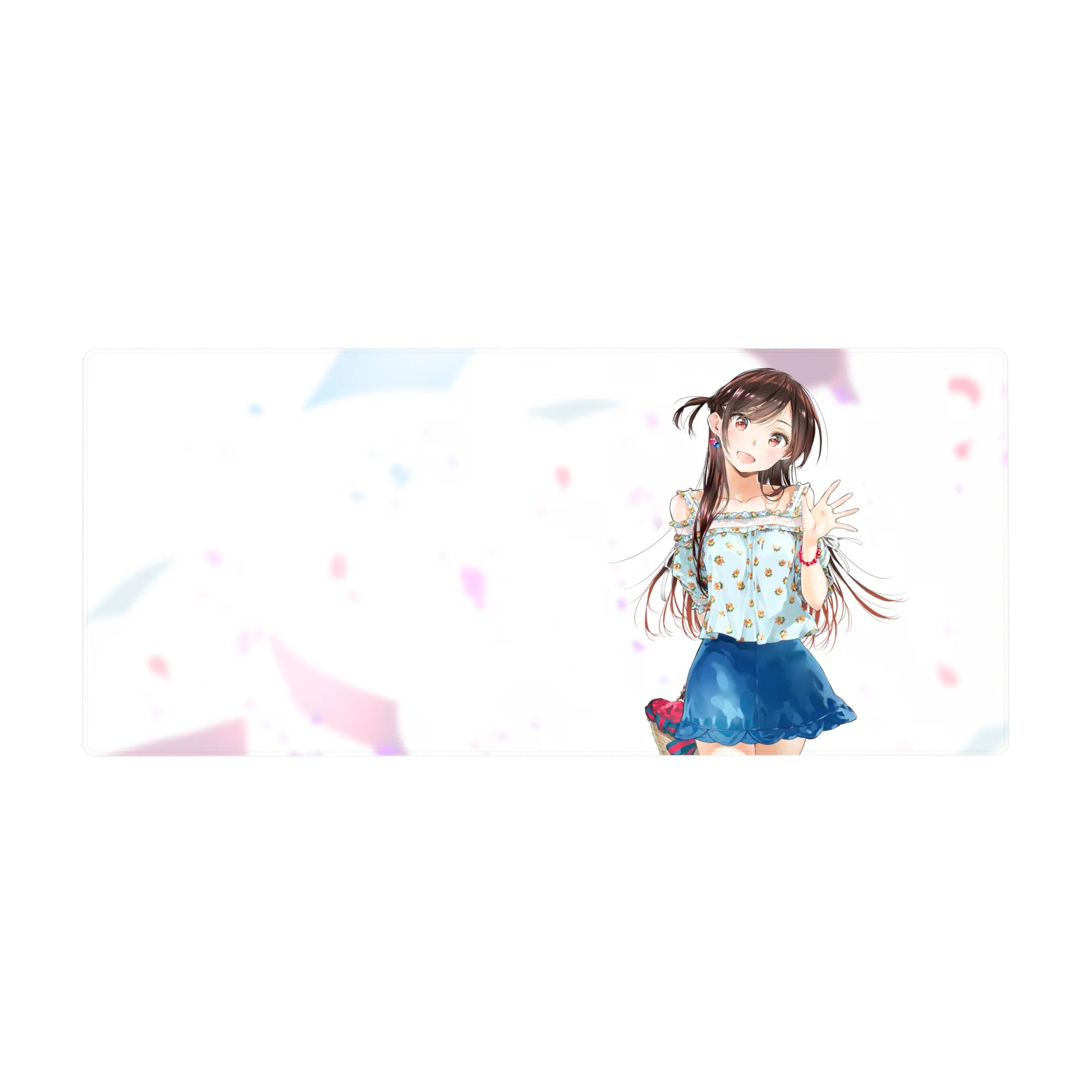36x16 inches anime girl desk pad with smiling twin-tail girl, floral top, blue skirt, pastel confetti.
