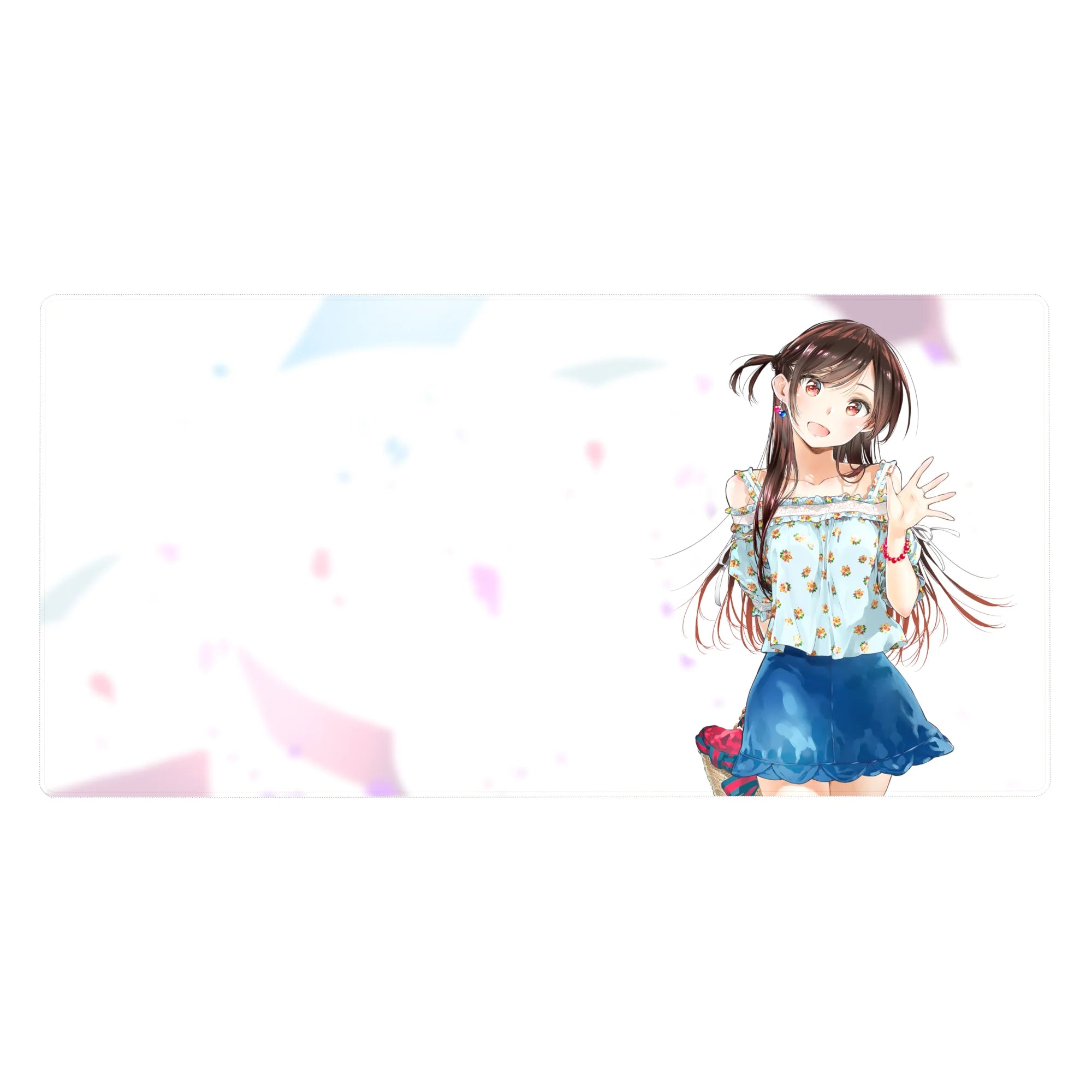 40x20 inches anime girl desk pad with smiling twin-tail girl, floral top, blue skirt, pastel confetti.