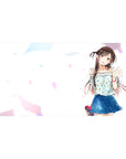 40x20 inches anime girl desk pad with smiling twin-tail girl, floral top, blue skirt, pastel confetti.