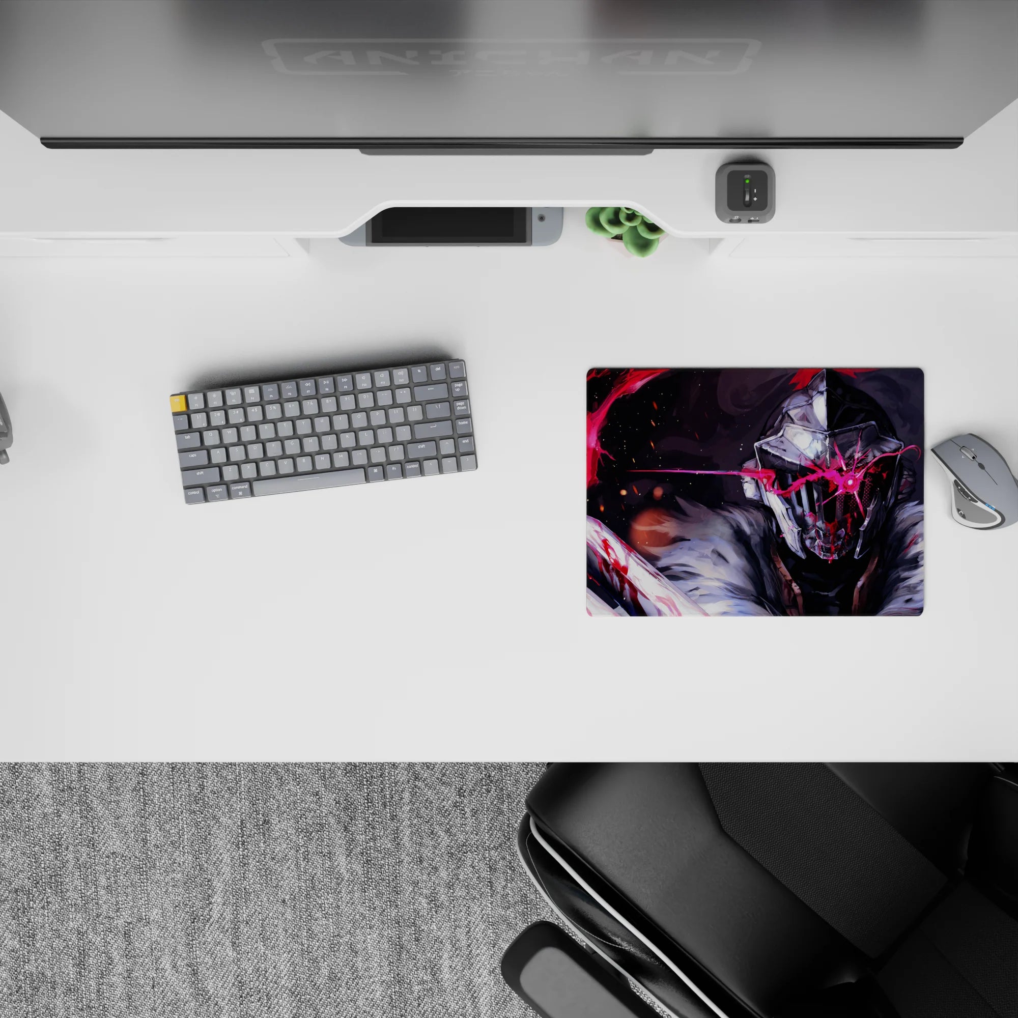 Dark gray and icy white anime mouse pad 14x10 inches with neon crimson slash and smoky battle mood.