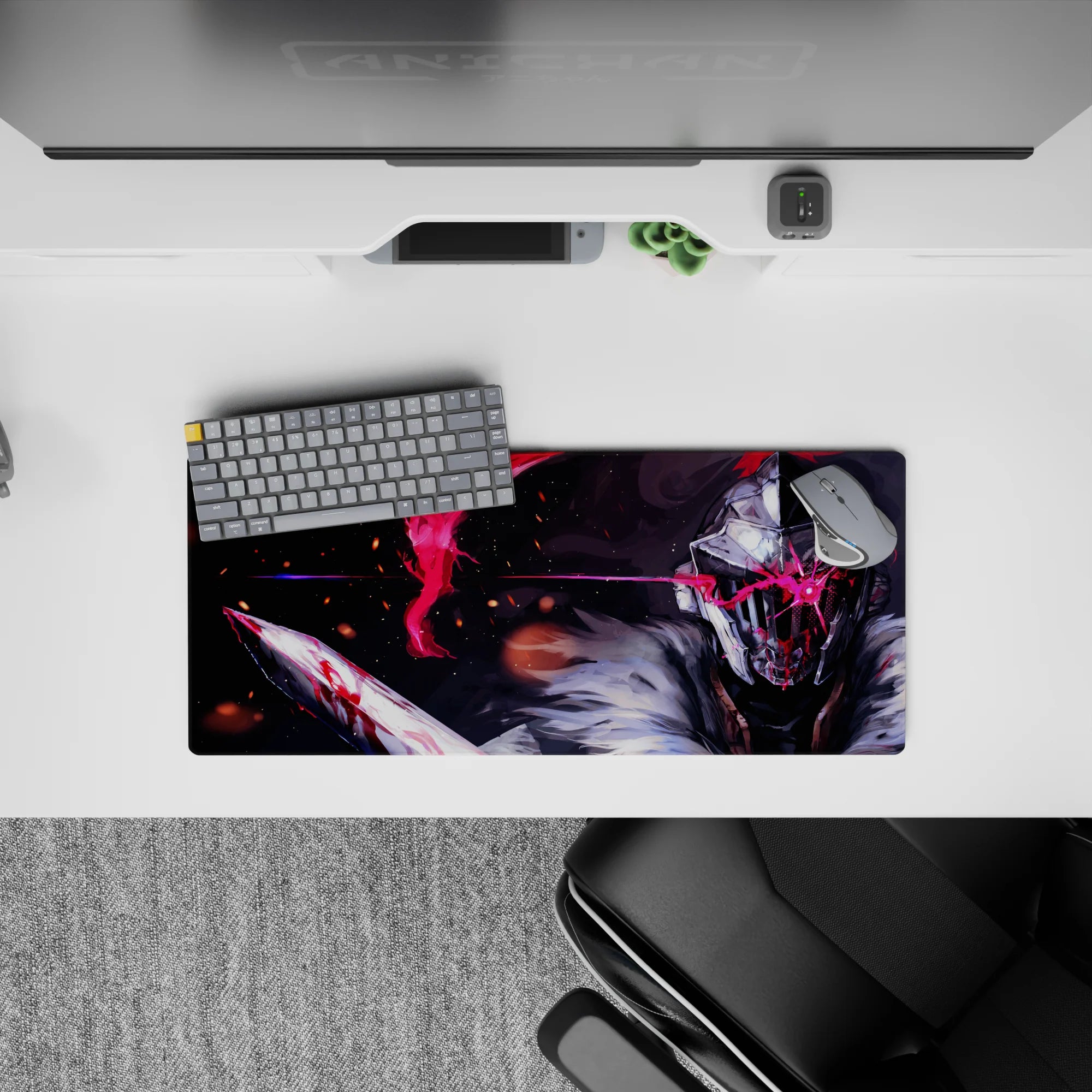 28x12 inches anime mouse pad in dark grays and icy whites, punched by neon crimson and smoky embers.