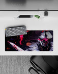 28x12 inches anime mouse pad in dark grays and icy whites, punched by neon crimson and smoky embers.
