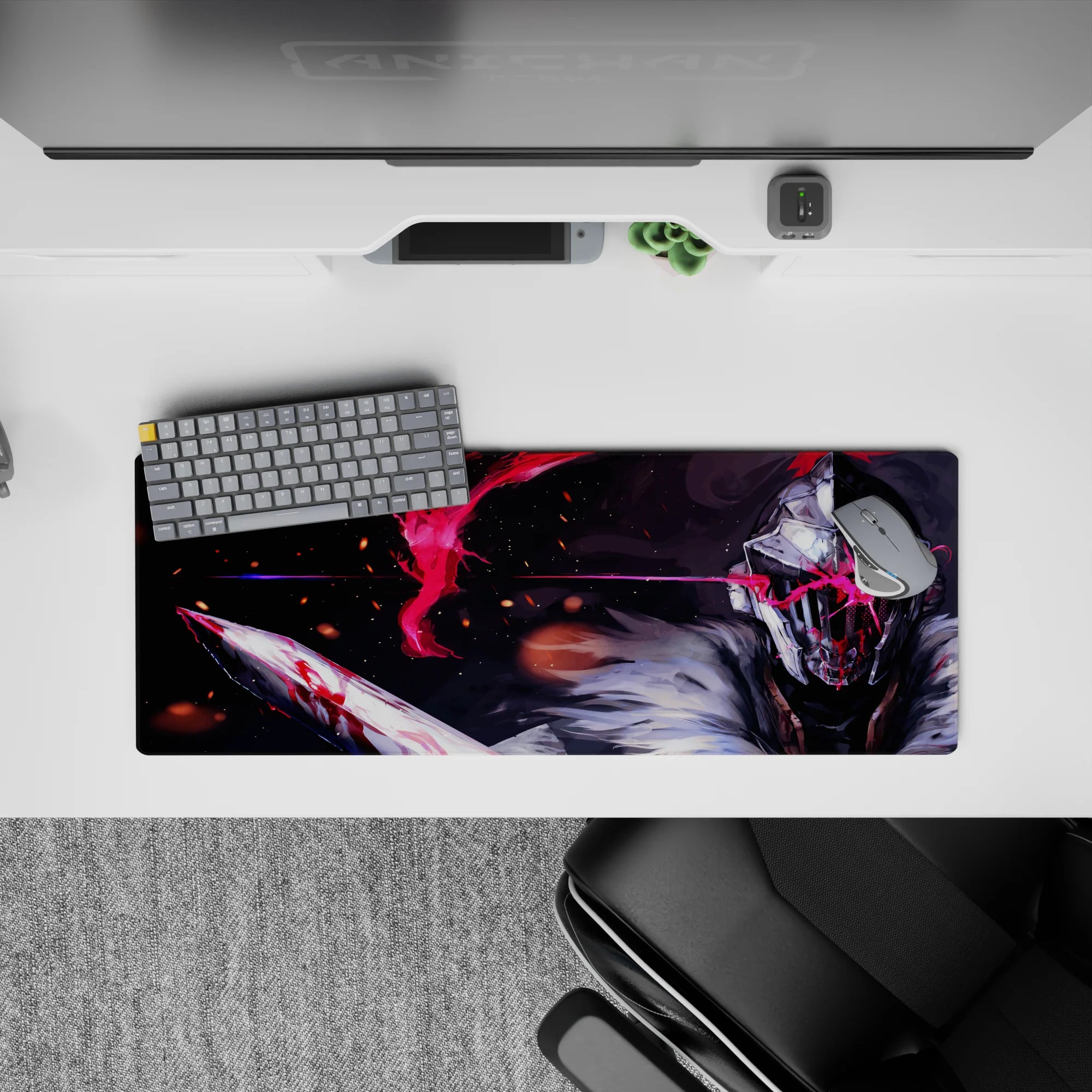 32x12 inches anime mouse pad in dark grays, icy whites, and violent reds with electric battlefield mood.