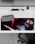 32x12 inches anime mouse pad in dark grays, icy whites, and violent reds with electric battlefield mood.