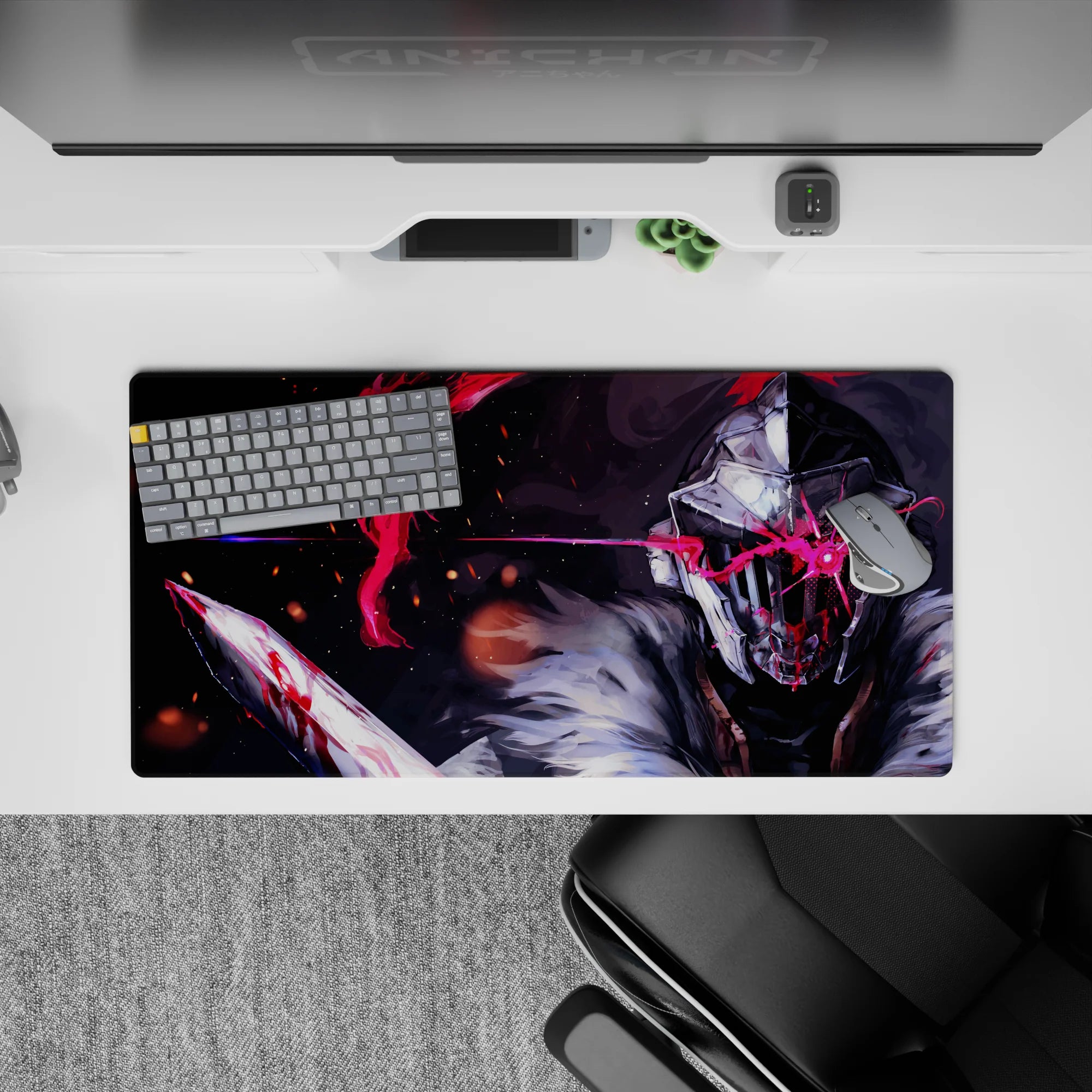 Dark gray and icy white anime mouse pad 32x16 inches with violent crimson accents and smoky embers.