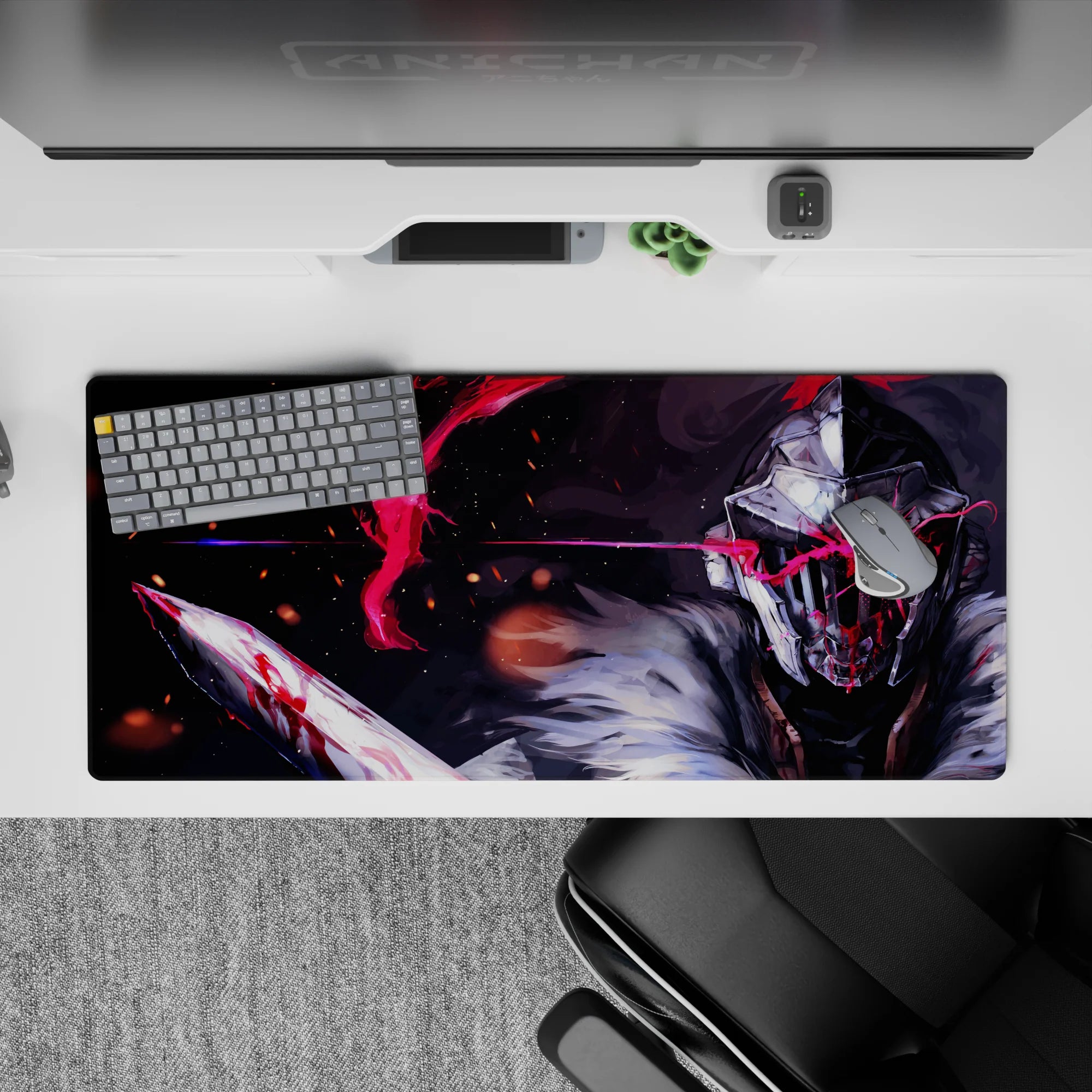 Dark gray and icy white anime desk pad 36x16 inches with violent crimson highlights and smoky ember mood.