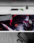 Dark gray and icy white anime desk pad 36x16 inches with violent crimson highlights and smoky ember mood.