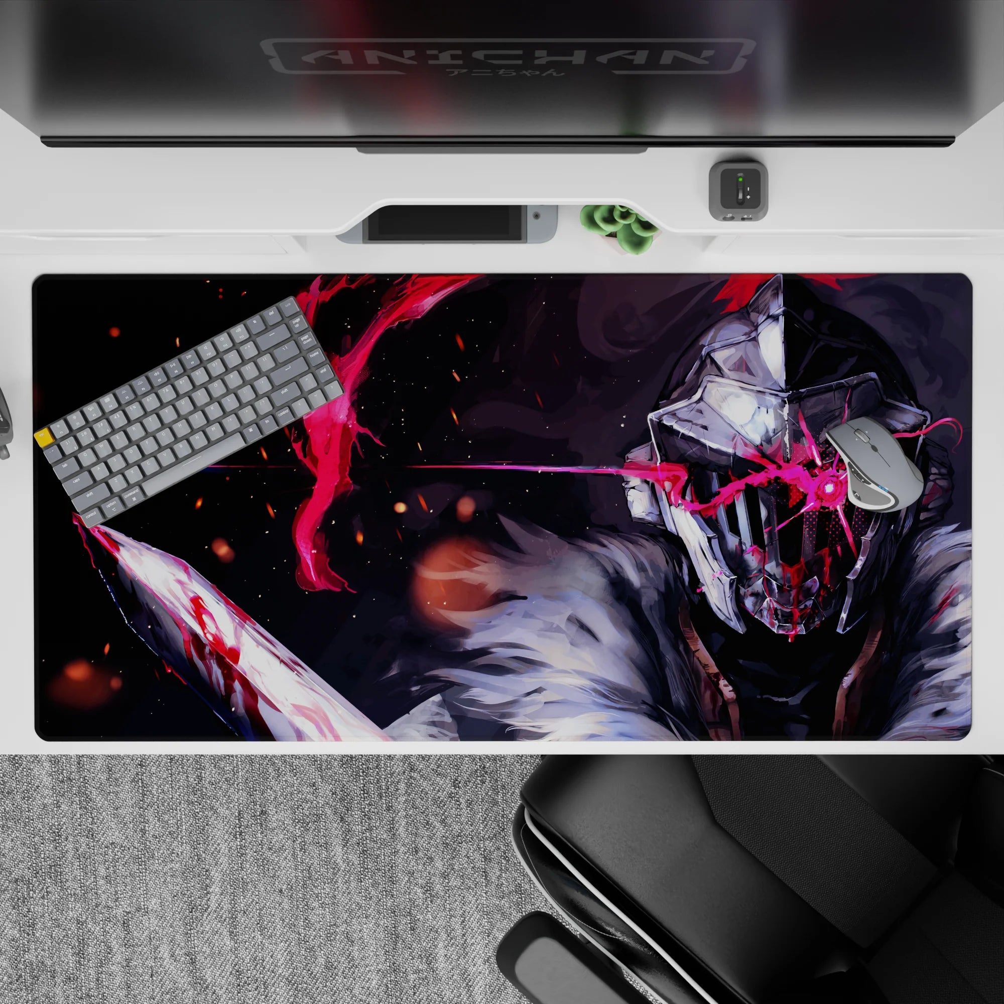 Dark gray and icy white anime desk pad 40x20 inches with neon red streak, smoky shadows, embers.