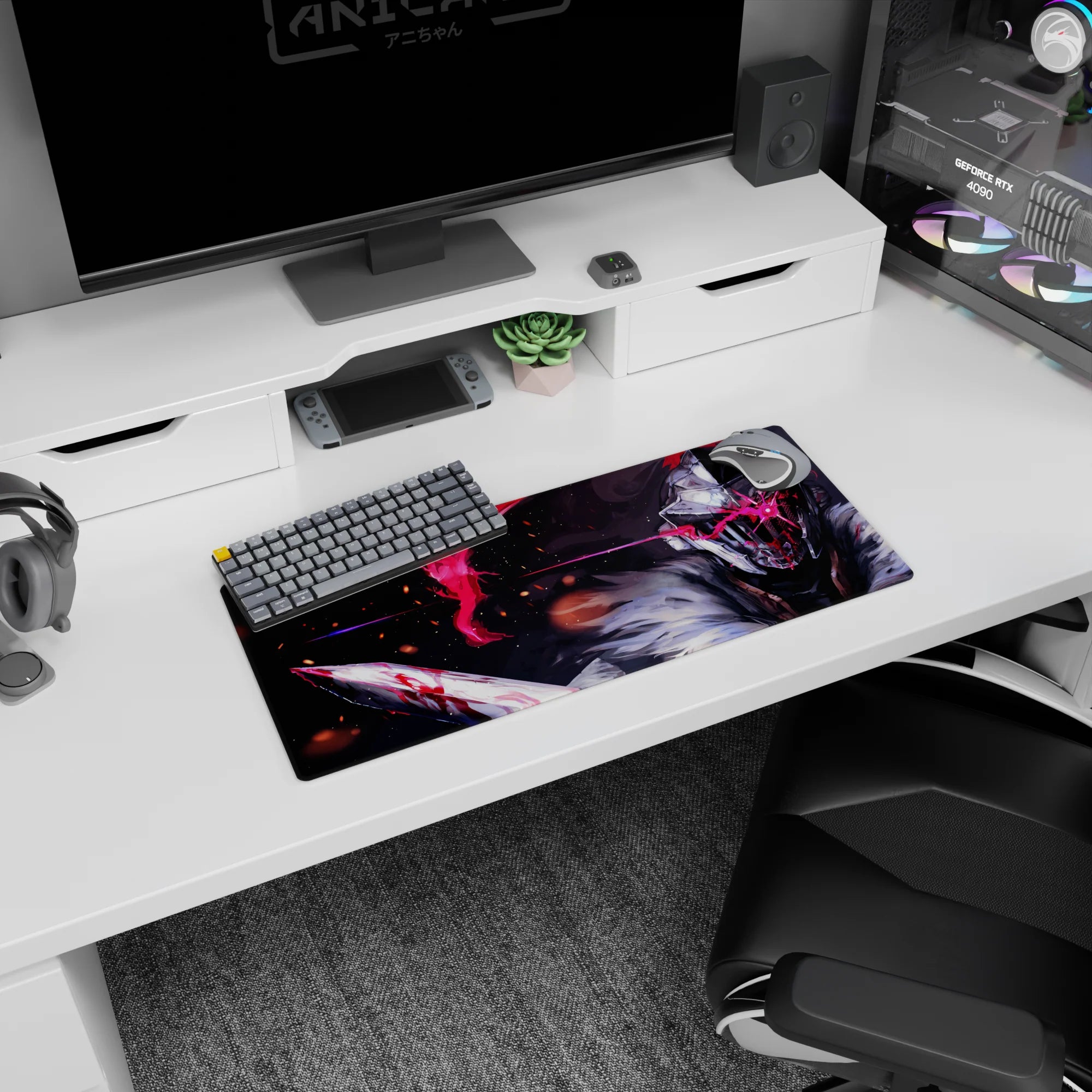 28x12 inches anime mouse pad showing a masked warrior mid-swing, blood-streaked blade and glowing red visor.