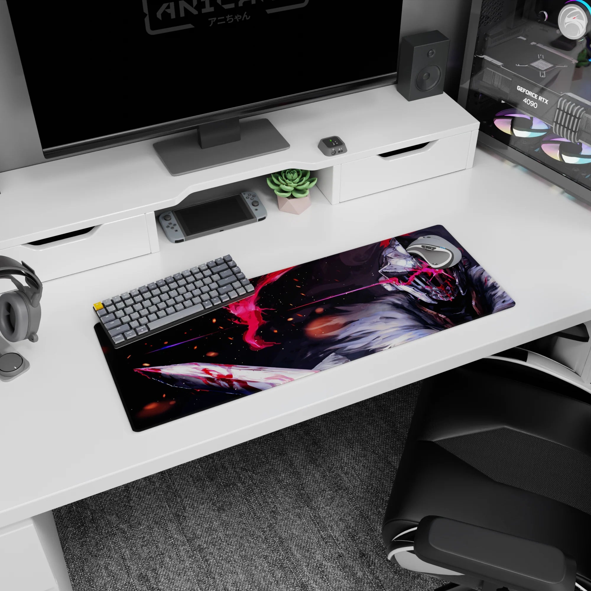 32x12 inches anime mouse pad showing a masked knight mid-swing, blood-streaked blade and drifting embers.