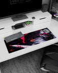 32x12 inches anime mouse pad showing a masked knight mid-swing, blood-streaked blade and drifting embers.