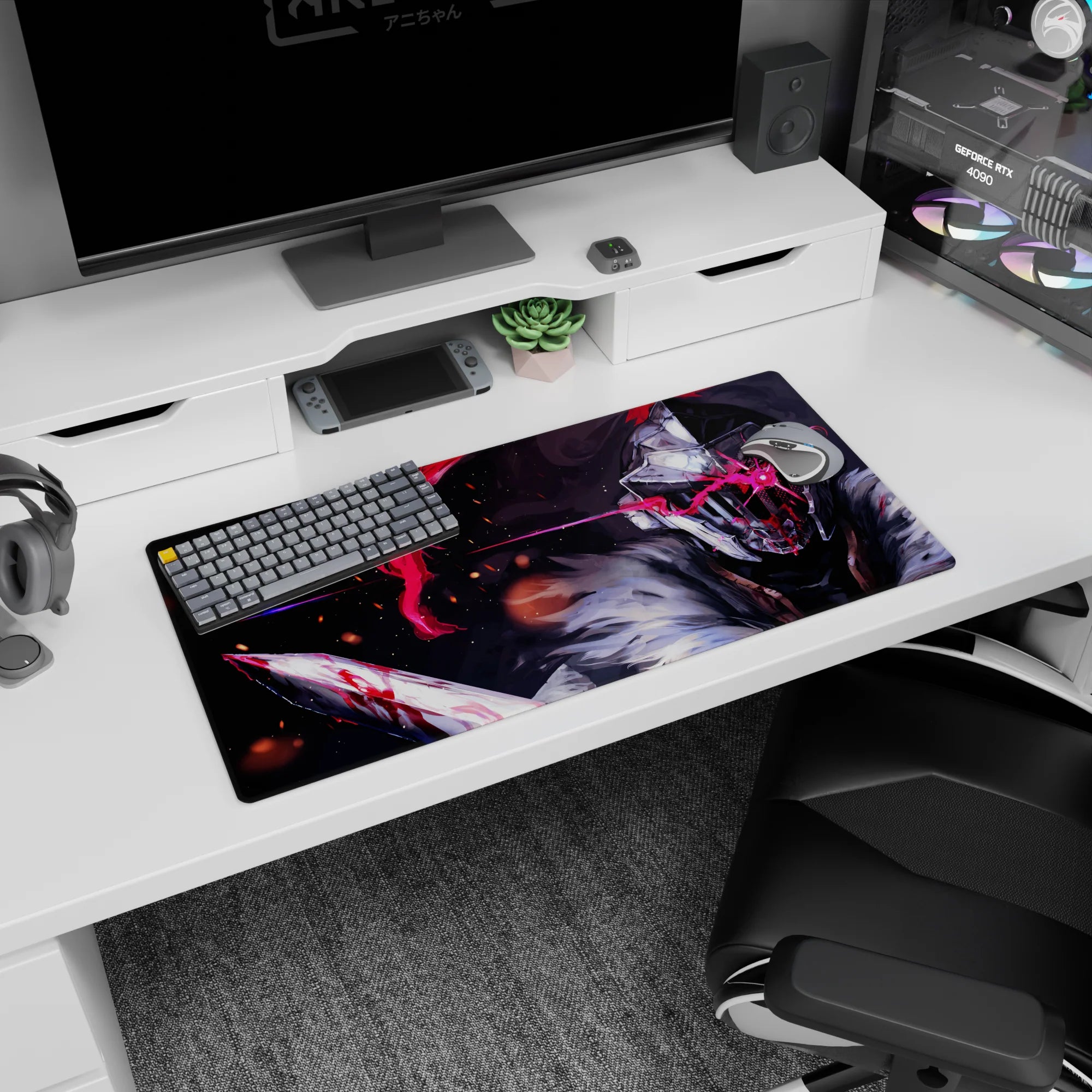 Anime mouse pad 32x16 inches featuring a masked knight mid-swing, blood-streaked blade at the edge.