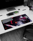 Anime mouse pad 32x16 inches featuring a masked knight mid-swing, blood-streaked blade at the edge.