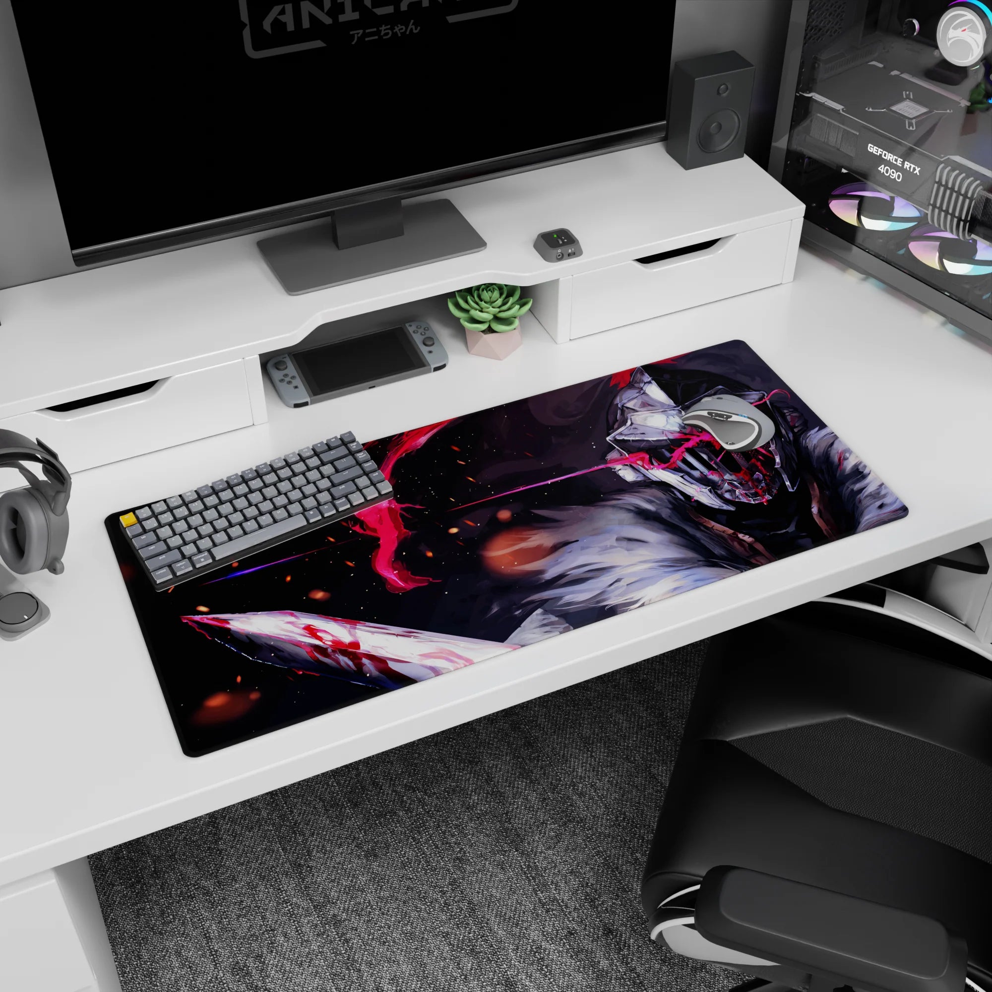 Steel-helmed anime warrior swings a blood-streaked blade on a 36x16 inches desk pad with embers.