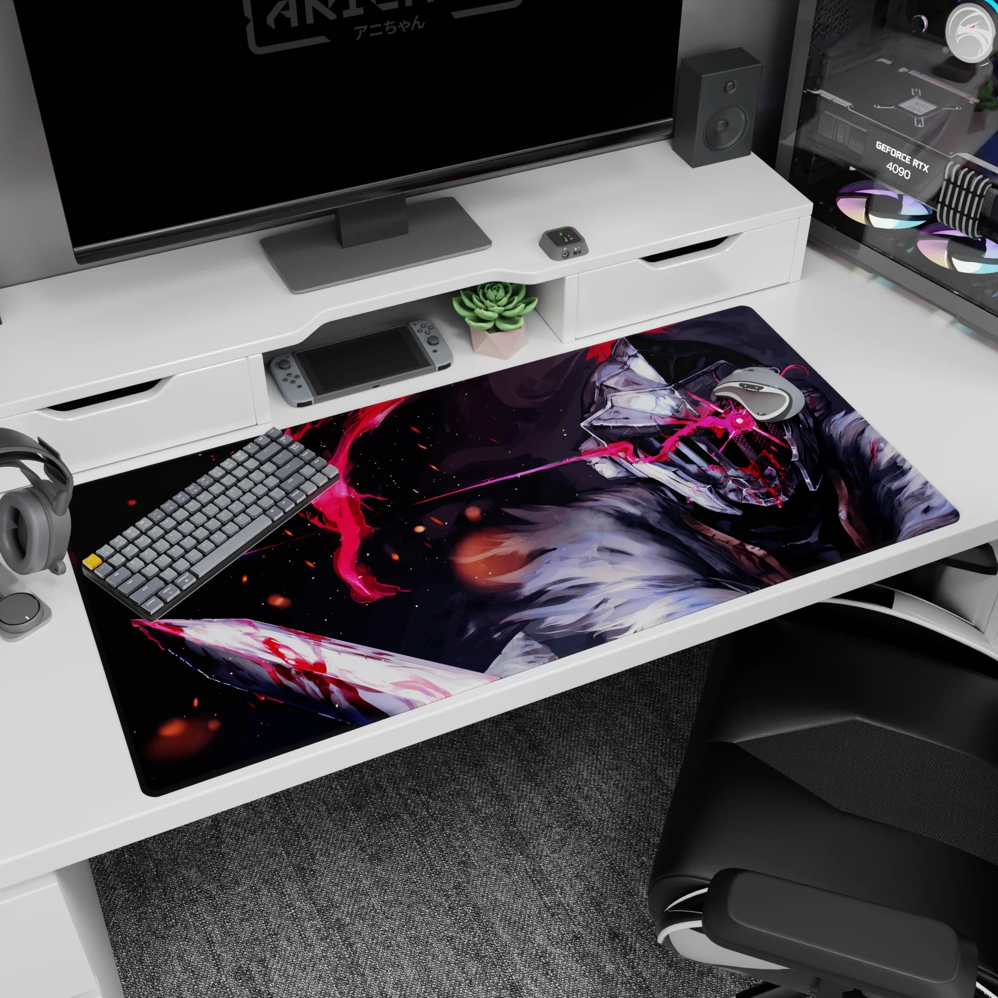 Steel mask warrior mid-swing with blood-streaked blade on anime desk pad 40x20 inches.