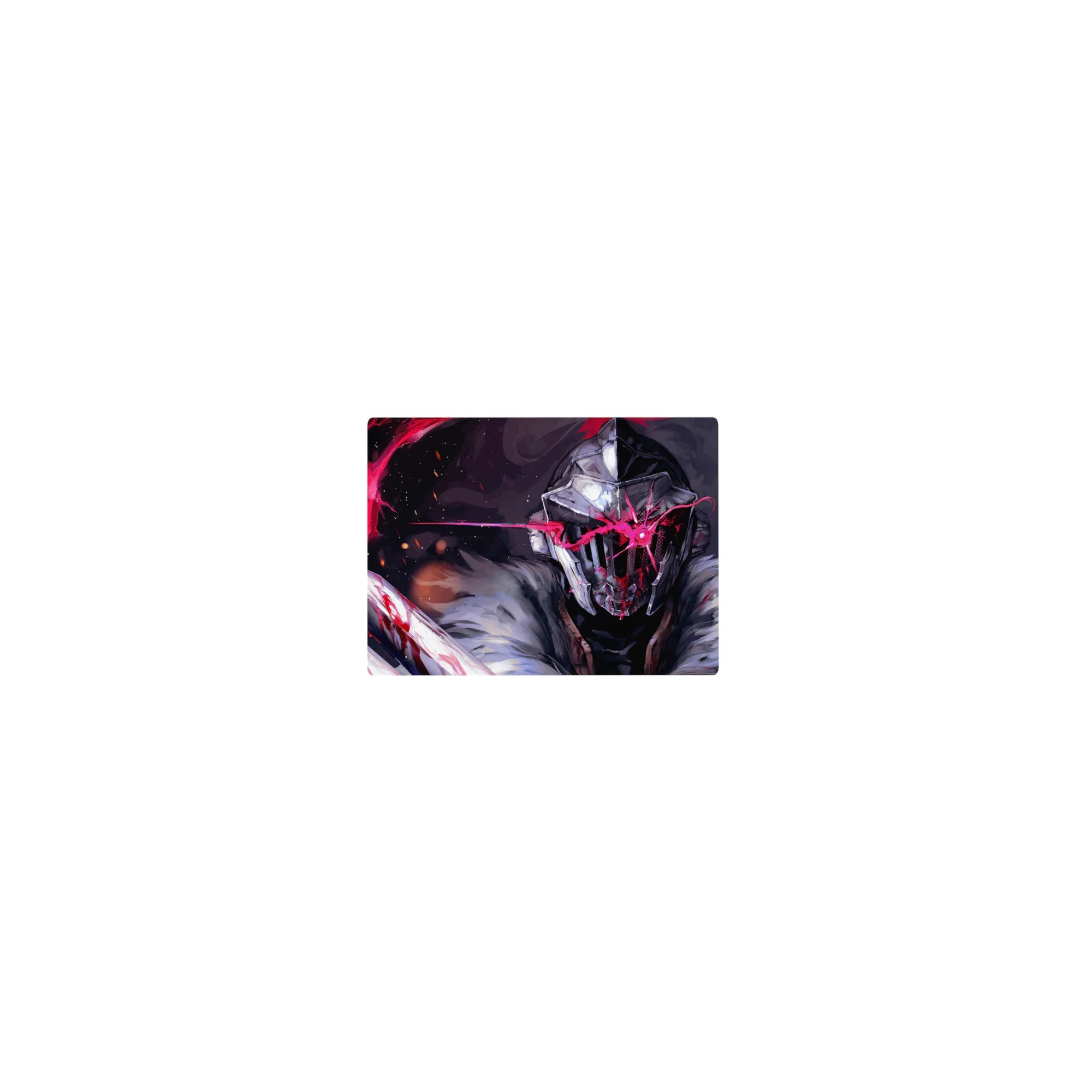 Classic anime mouse pad 14x10 inches featuring a steel-helmed warrior, fur cloak, embers, and blade.