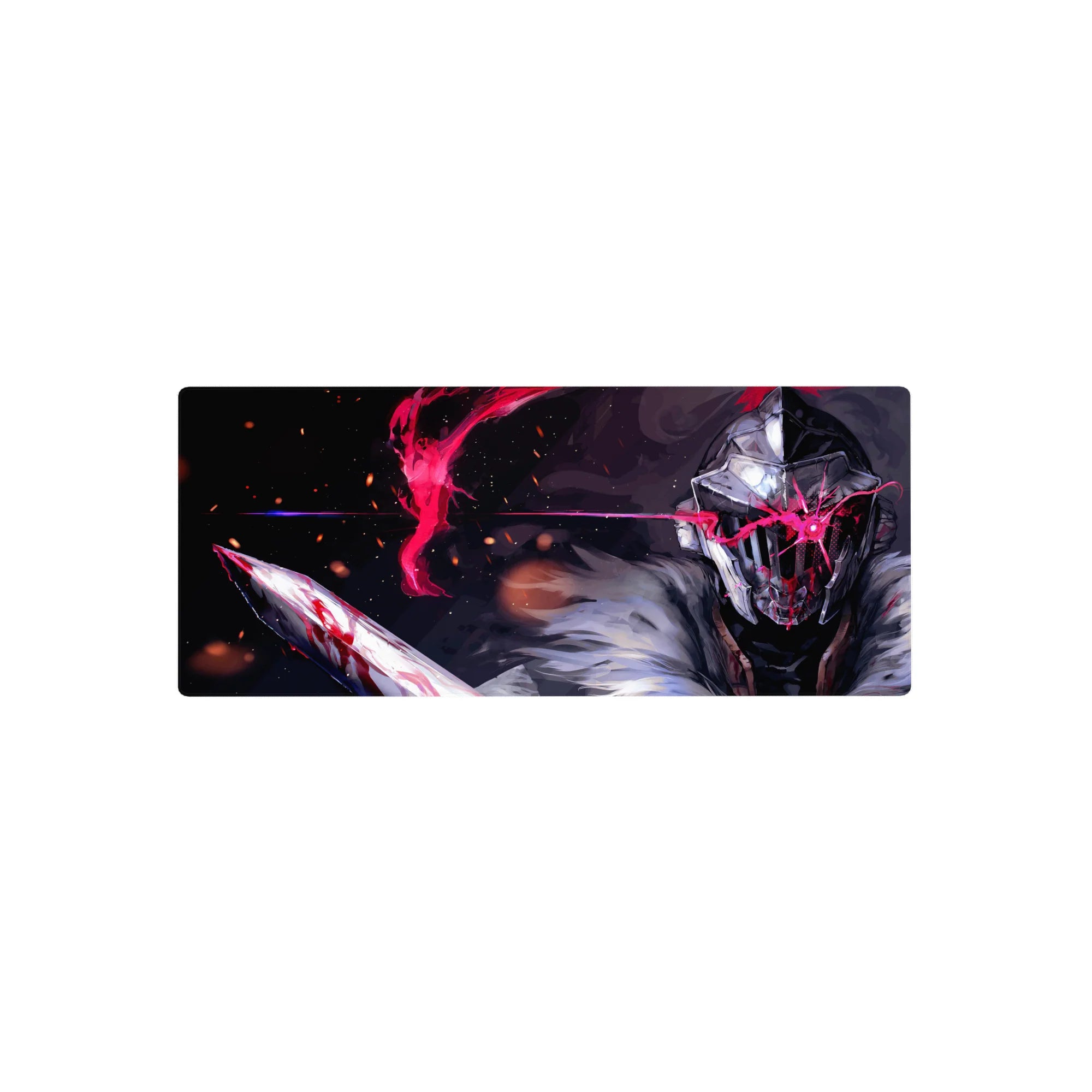 28x12 inches anime mouse pad with steel-helmed warrior, fur cloak, embers, and a crimson slash.