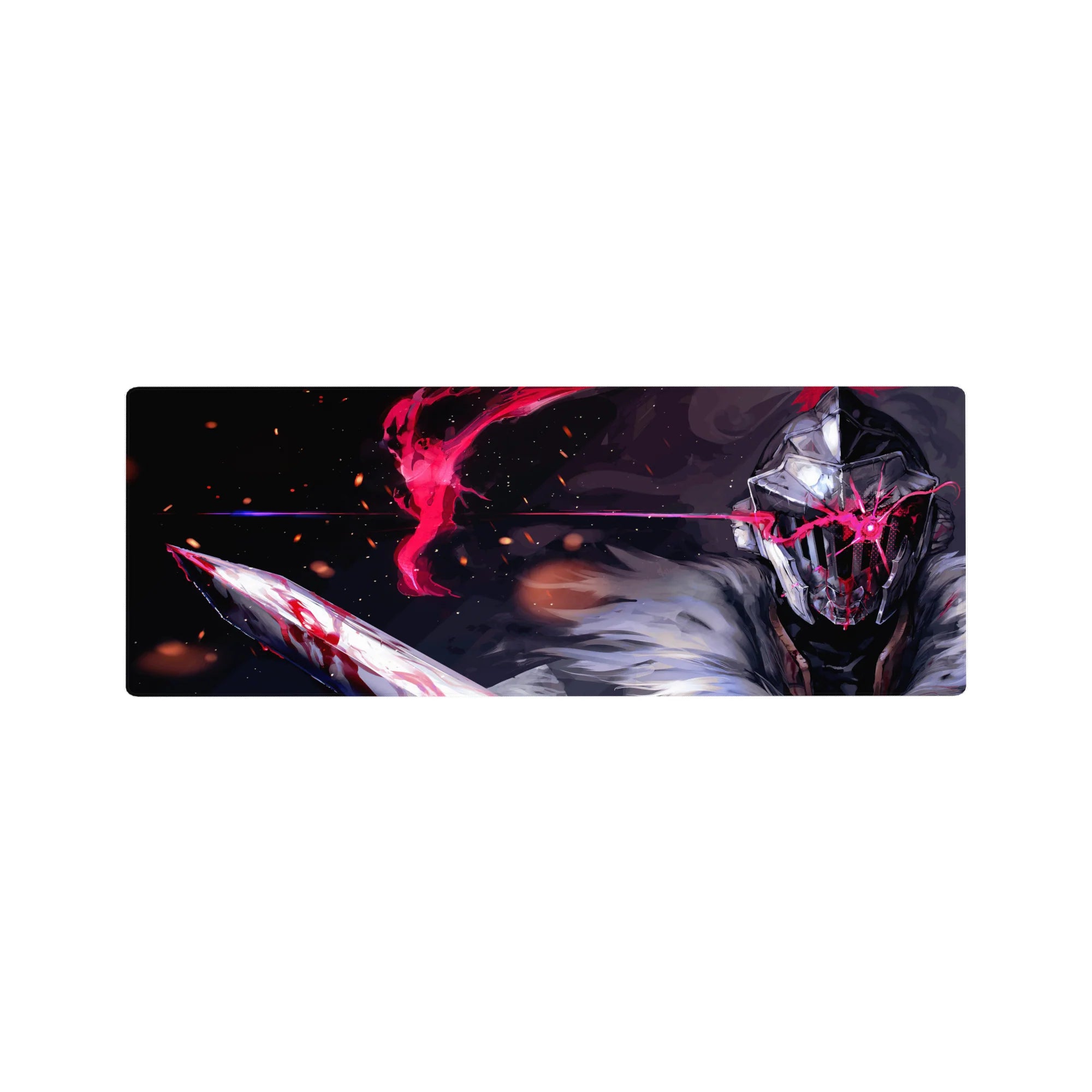 32x12 inches anime mouse pad with steel-helmed warrior, fur cloak, embers, and neon red visor slash.
