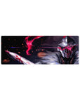 32x12 inches anime mouse pad with steel-helmed warrior, fur cloak, embers, and neon red visor slash.