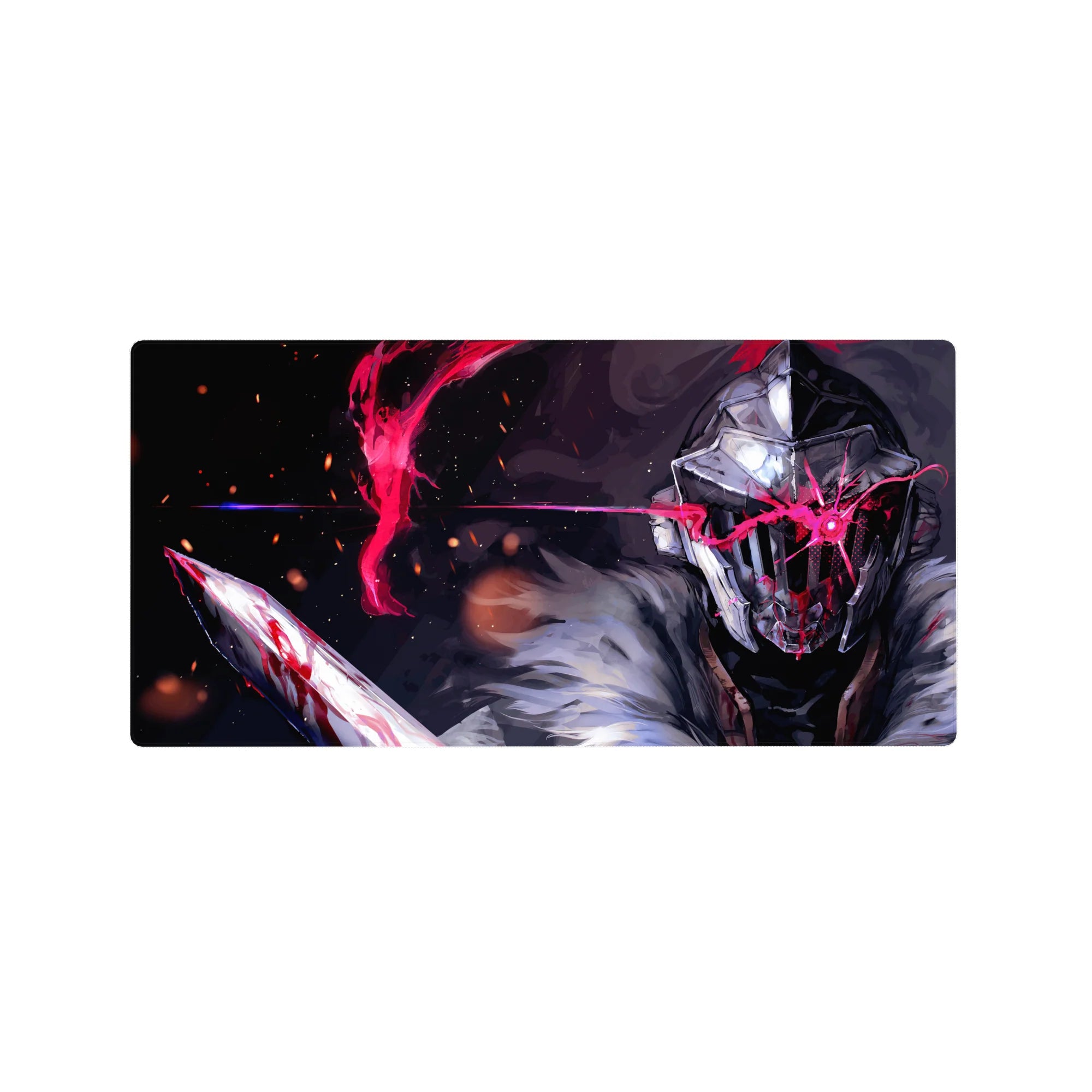 Anime mouse pad 32x16 inches with steel-helmed warrior, fur cloak, embers, and neon red slash.