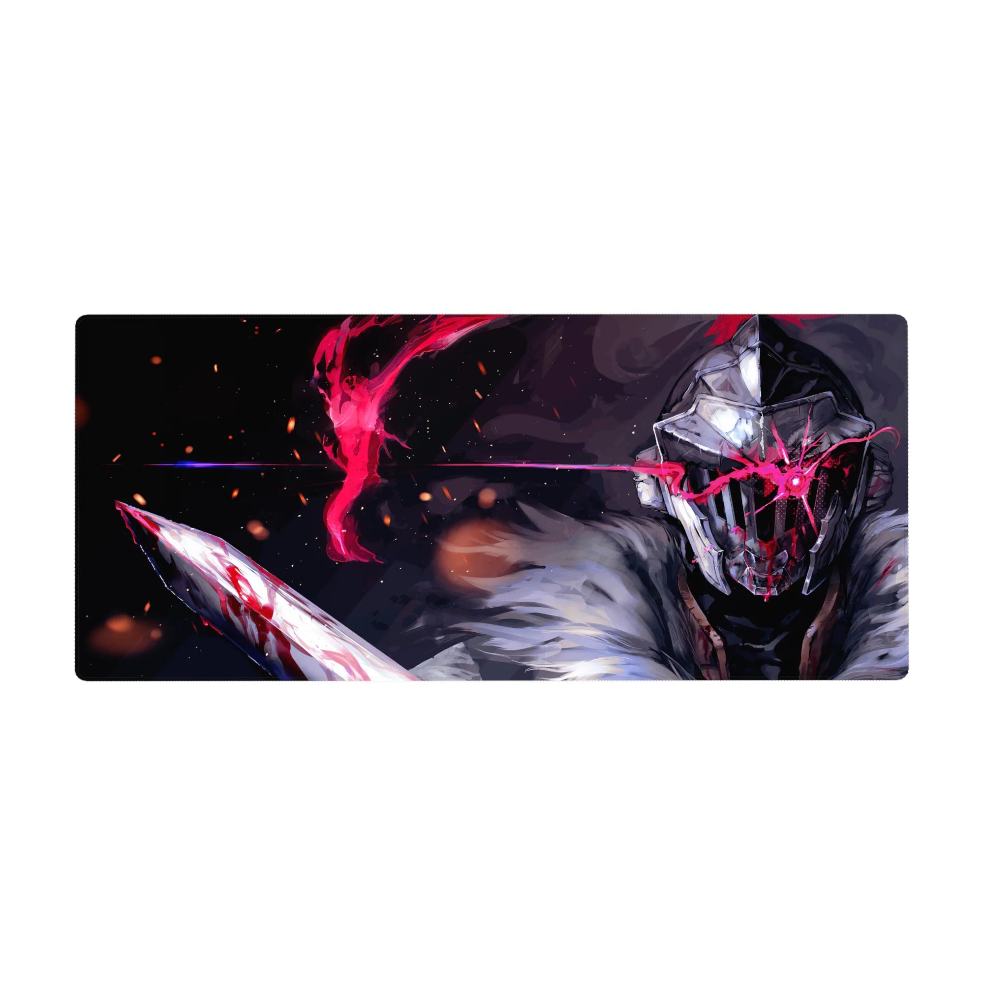 Anime desk pad 36x16 inches with steel-helmed warrior, fur cloak, embers, and neon red slash art.