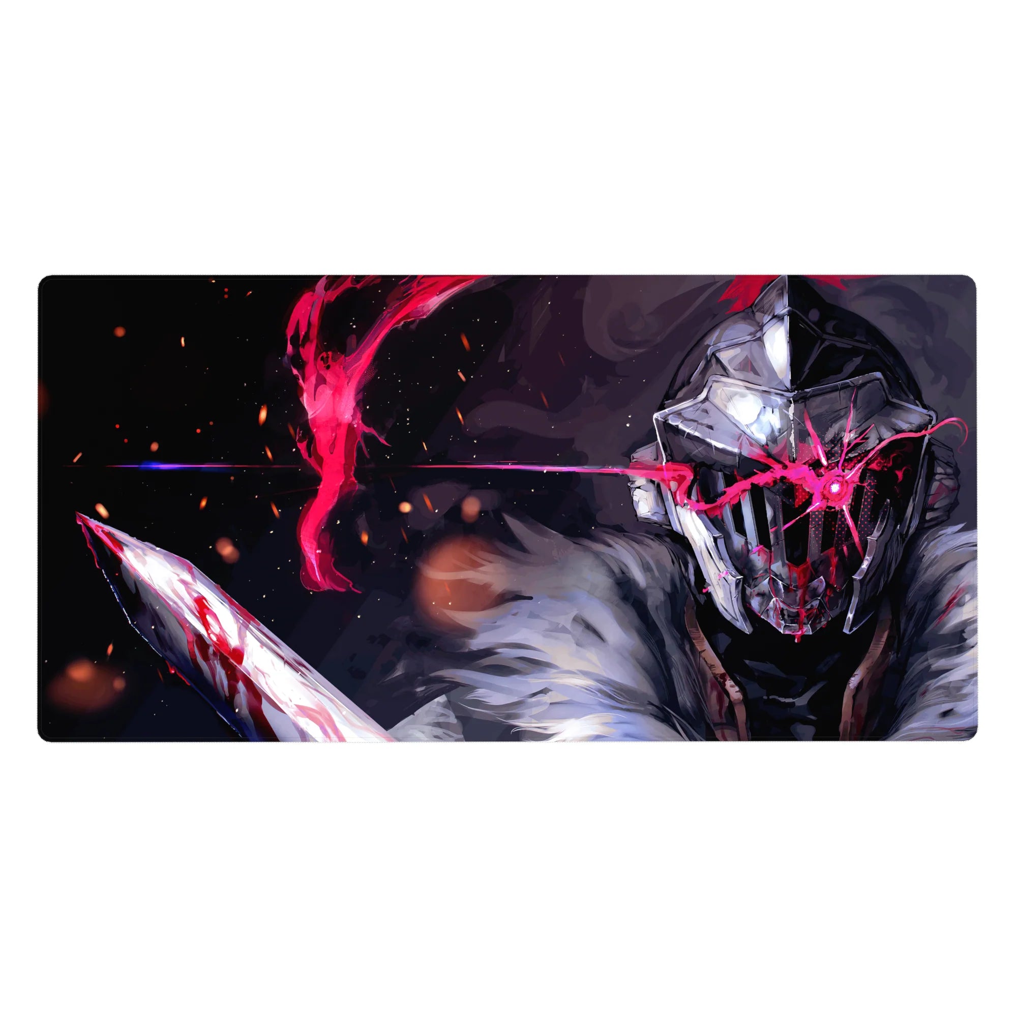 Anime desk pad 40x20 inches with steel-helmed warrior, fur cloak, embers, and crimson slash art.