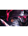 Anime desk pad 40x20 inches with steel-helmed warrior, fur cloak, embers, and crimson slash art.