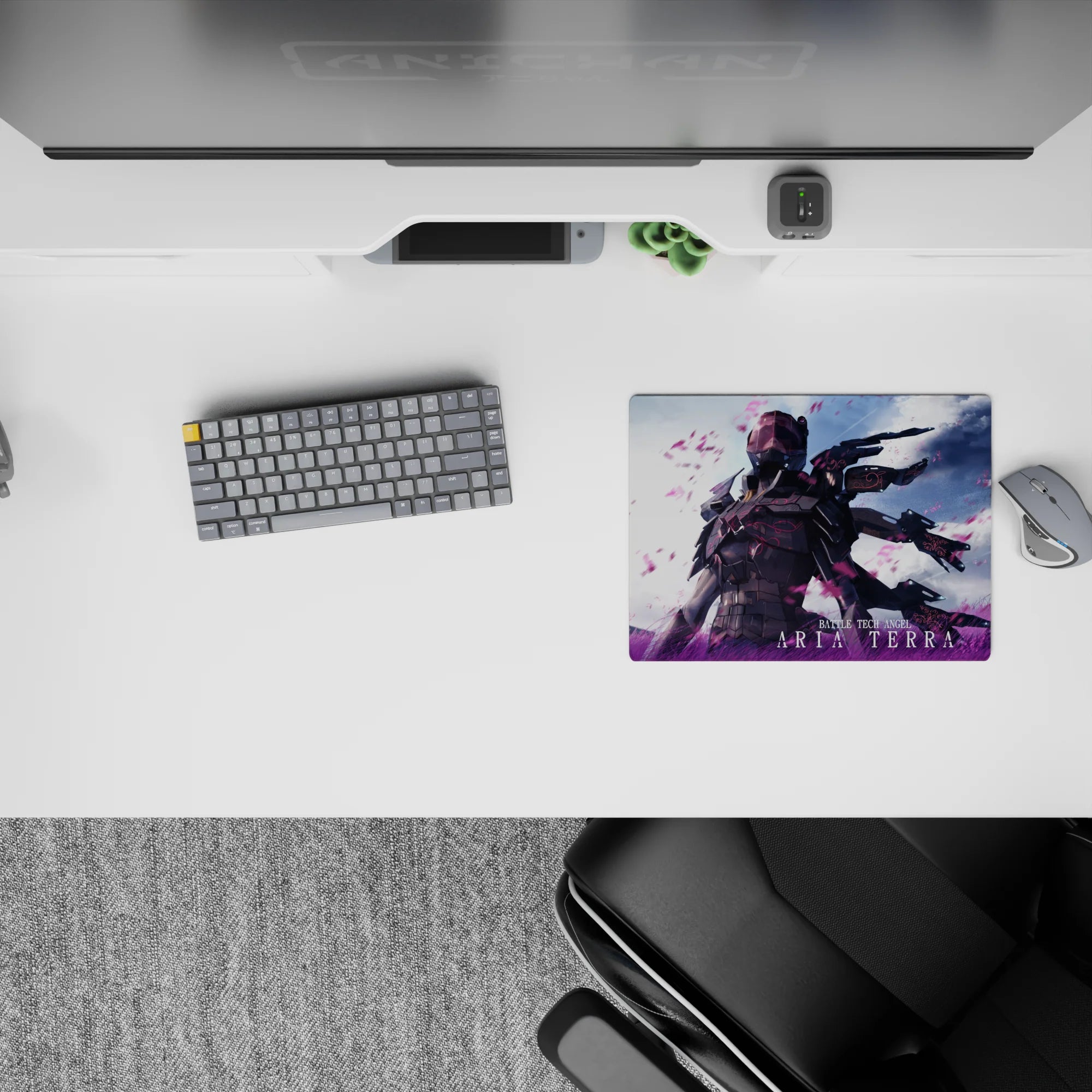 Anime girl mouse pad 14x10 inches in moody blacks with electric magenta, violet grass, and sky-blue glow.