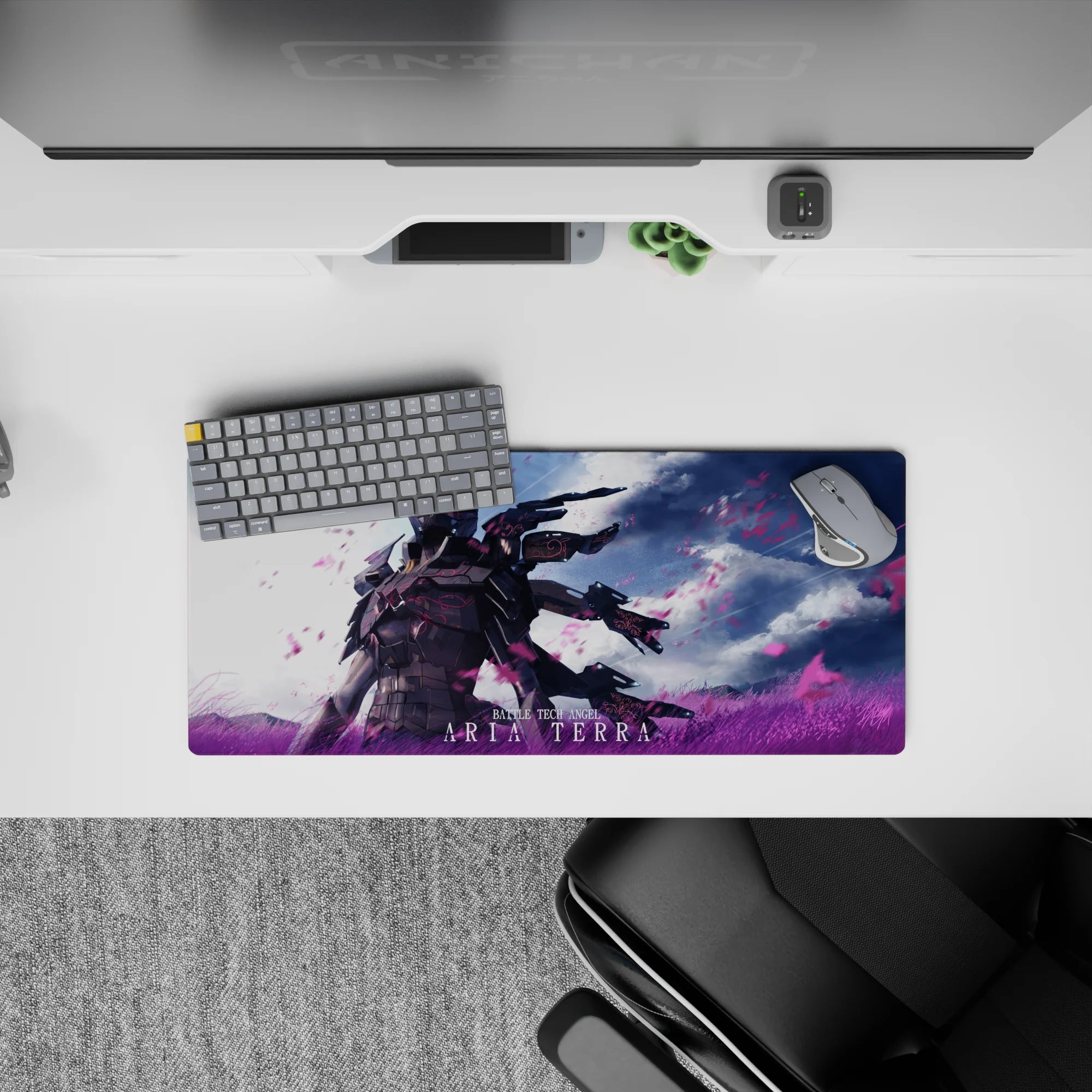 28x12 inches anime girl mouse pad in moody blacks with electric magenta, violet grass, and sky-blue glow.