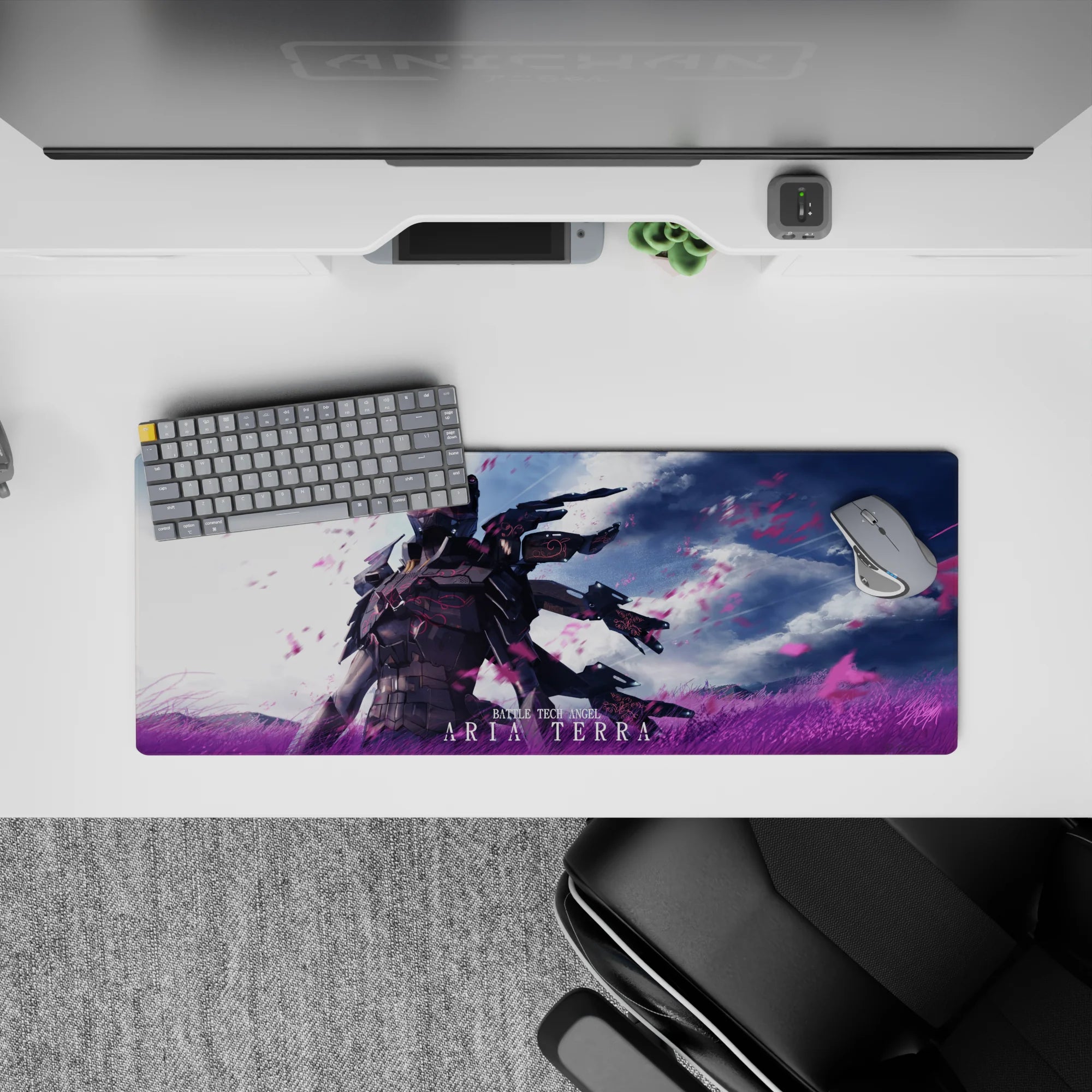 Anime girl mouse pad 32x12 inches in moody blacks with electric magenta and sky-blue glow, cinematic storm vibe.