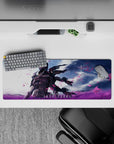 Anime girl mouse pad 32x12 inches in moody blacks with electric magenta and sky-blue glow, cinematic storm vibe.