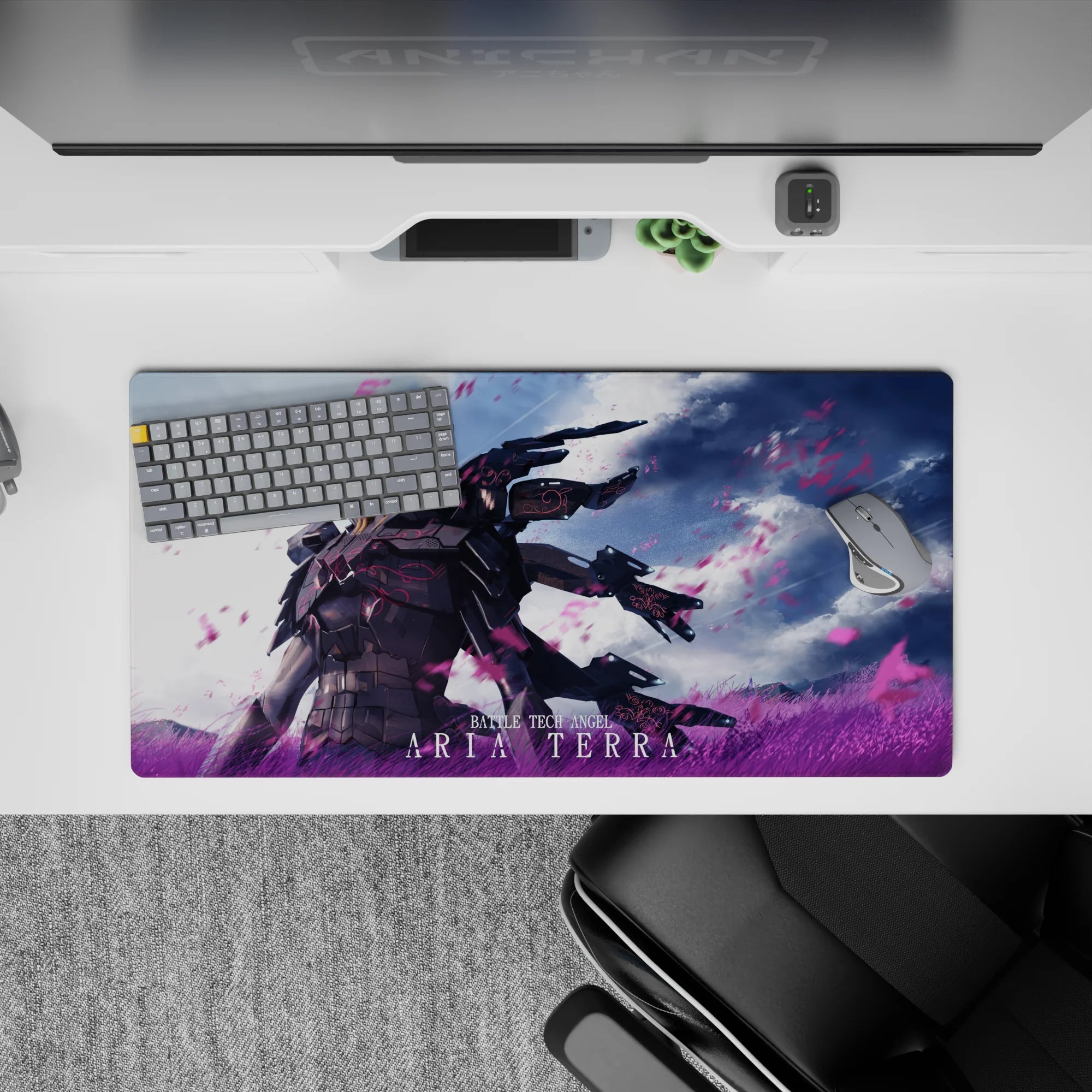 Anime girl mouse pad 32x16 inches in moody blacks, electric magenta, and sky-blue glow under storm clouds.