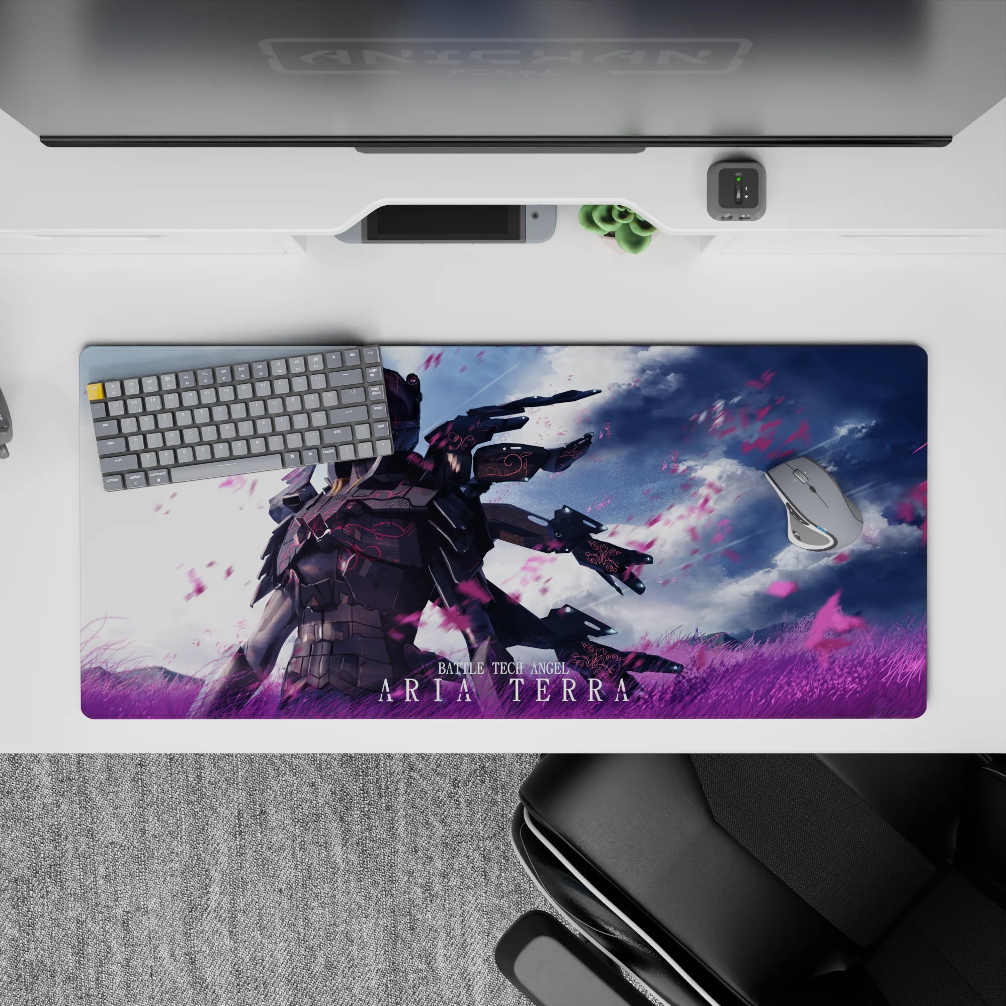 Moody anime desk pad 36x16 inches in blacks, electric magenta, and sky-blue glow with violet grass and petals.