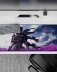 Moody anime desk pad 36x16 inches in blacks, electric magenta, and sky-blue glow with violet grass and petals.