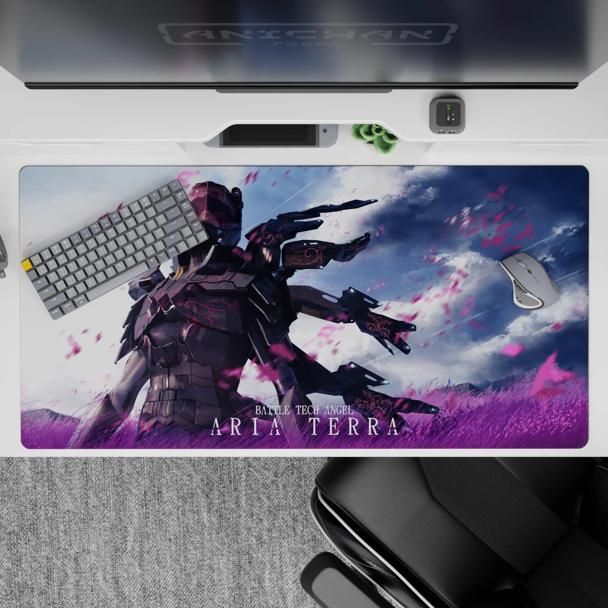 Moody sci-fi anime desk pad 40x20 inches, black graphite tones with electric magenta and sky-blue glow.