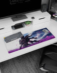 Aria Terra anime girl mouse pad 32x12 inches, calm in violet grass as pink petals sweep under storm clouds.