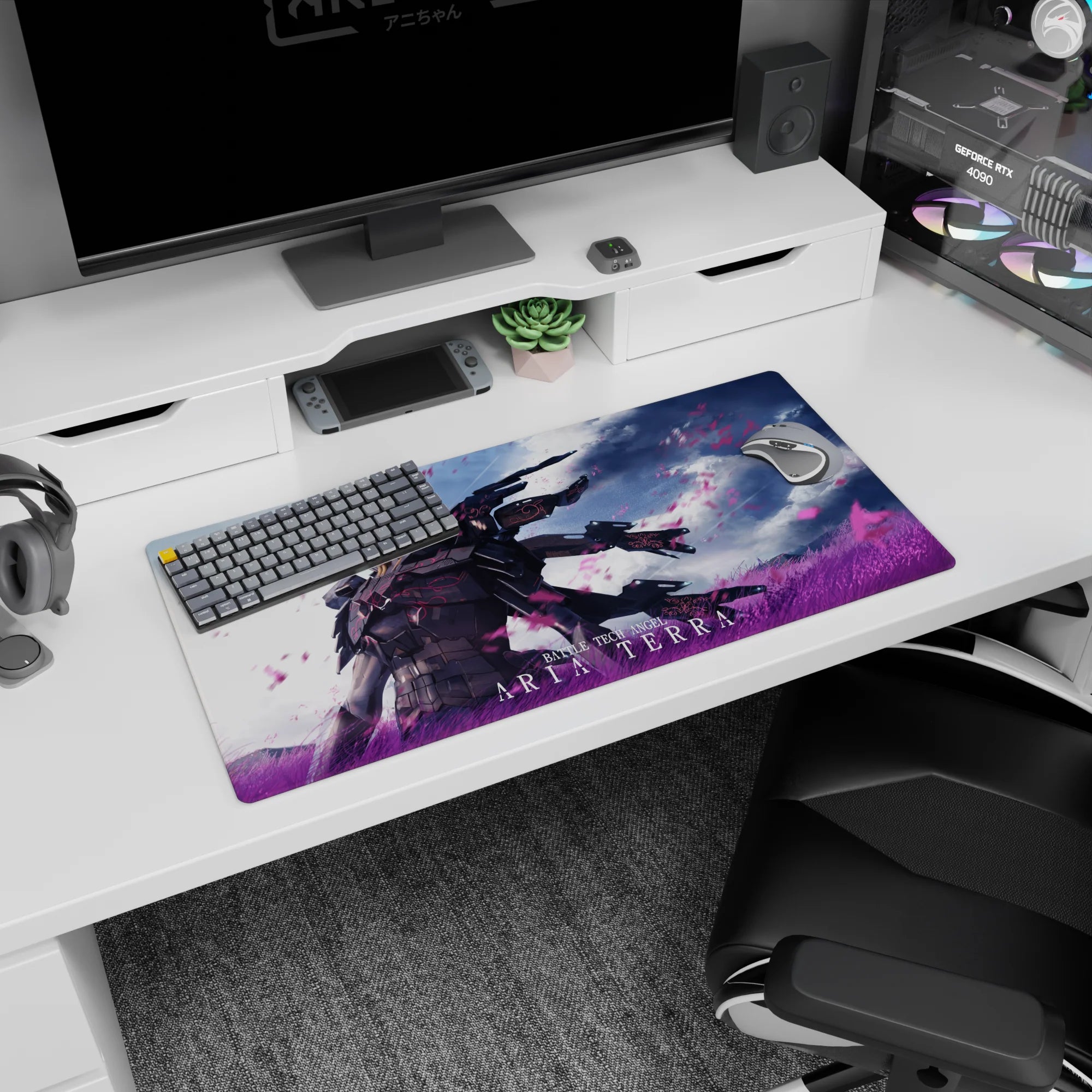 Anime girl mouse pad 32x16 inches showing a calm battle-tech angel as violet grass and pink petals whip past.